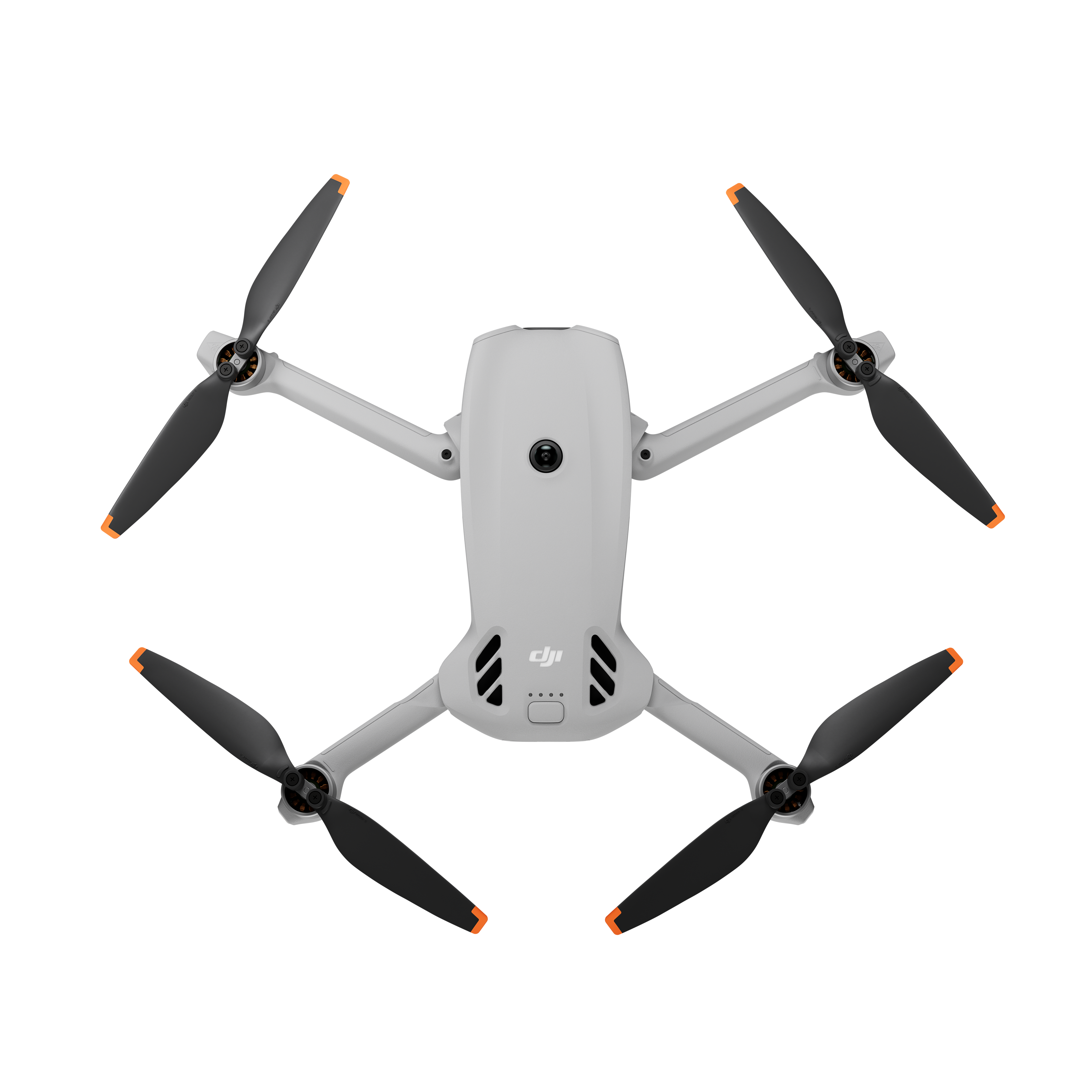 Biały dron z czterema czarnymi śmigłami, każdy zakończony pomarańczą.