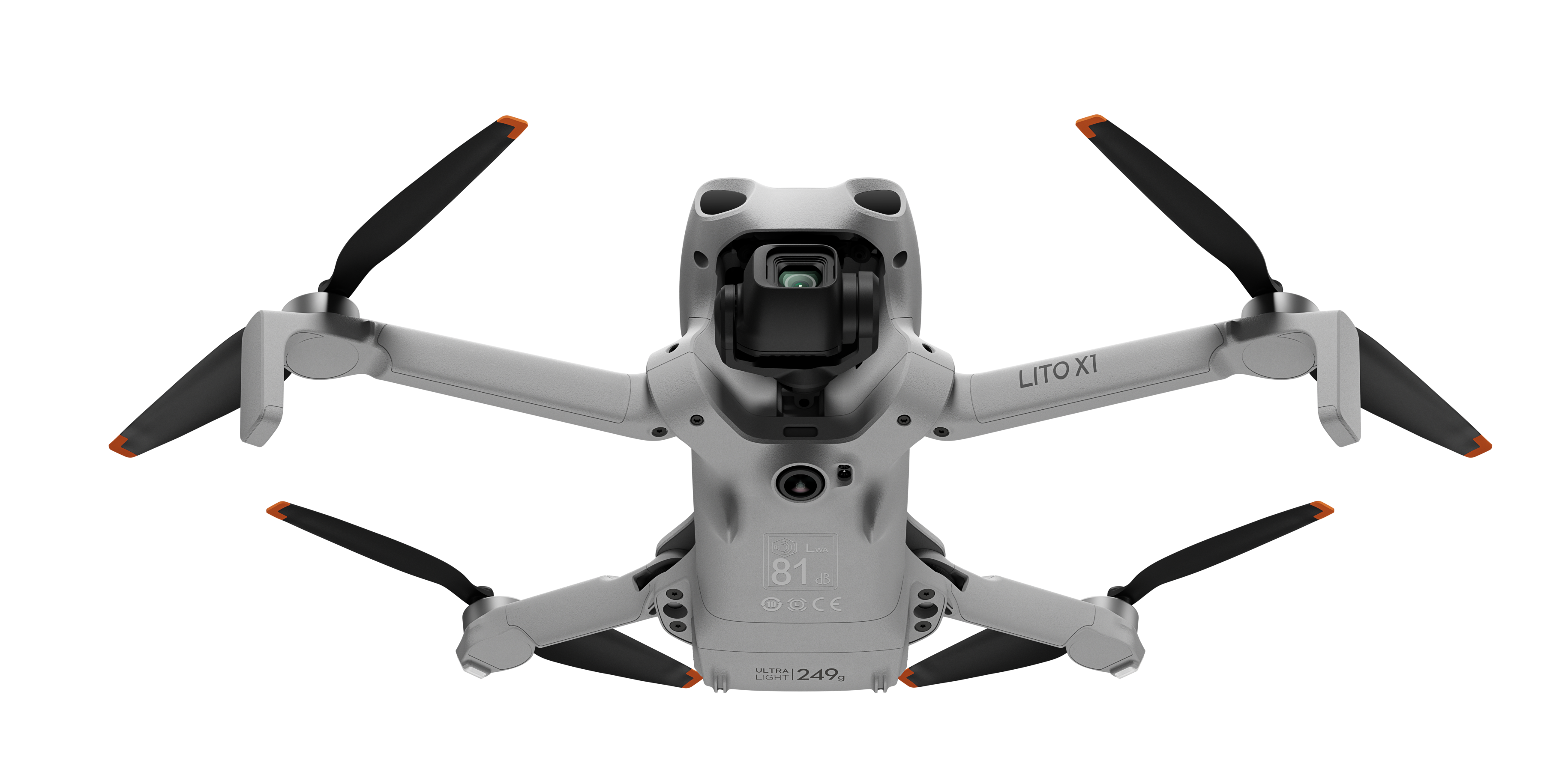 Biały dron z czterema śmigłami na czarnym tle. Widoczna jest kamera.