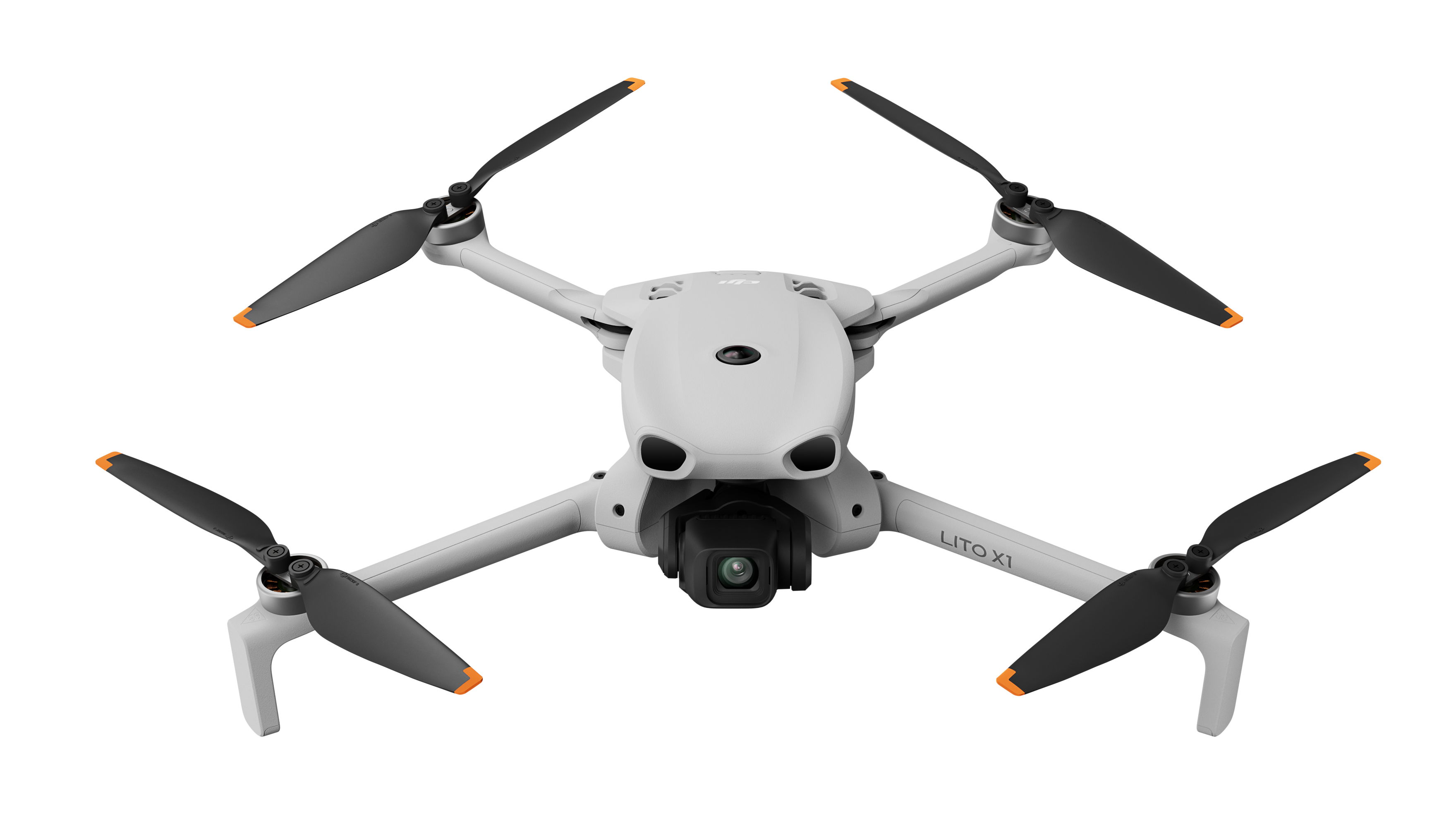 Biały dron czterowirnikowy z czarnymi śmigłami i pomarańczowymi końcówkami na czarnym tle.