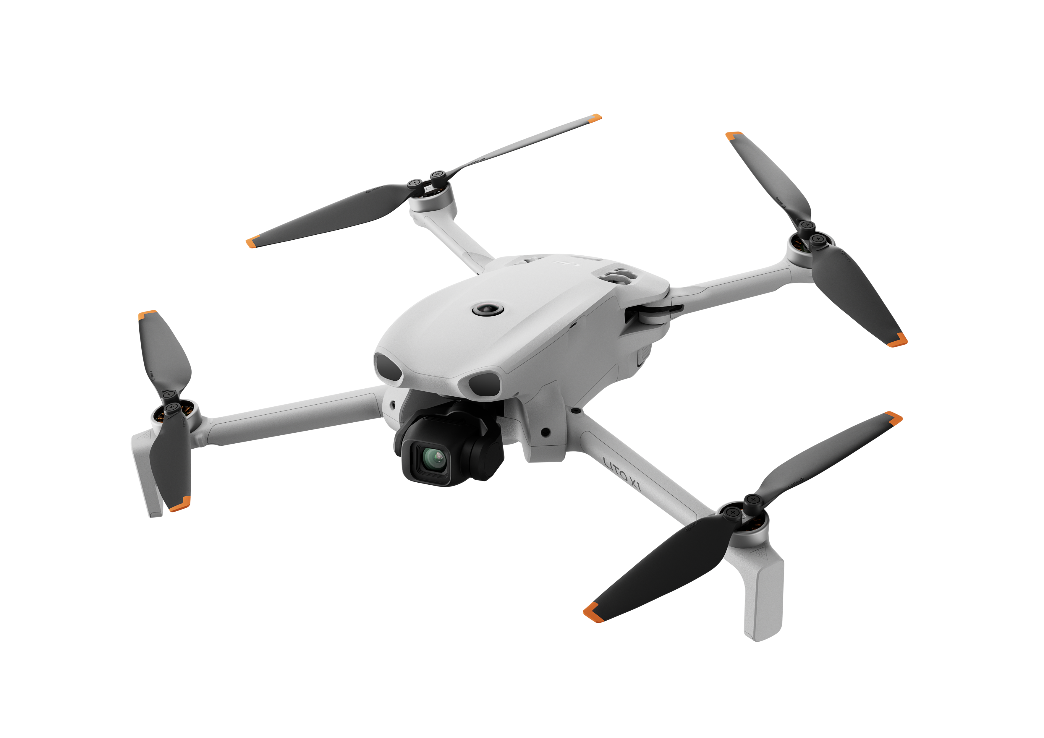 Biały dron z czterema śmigłami i kamerą unosi się na czarnym tle.