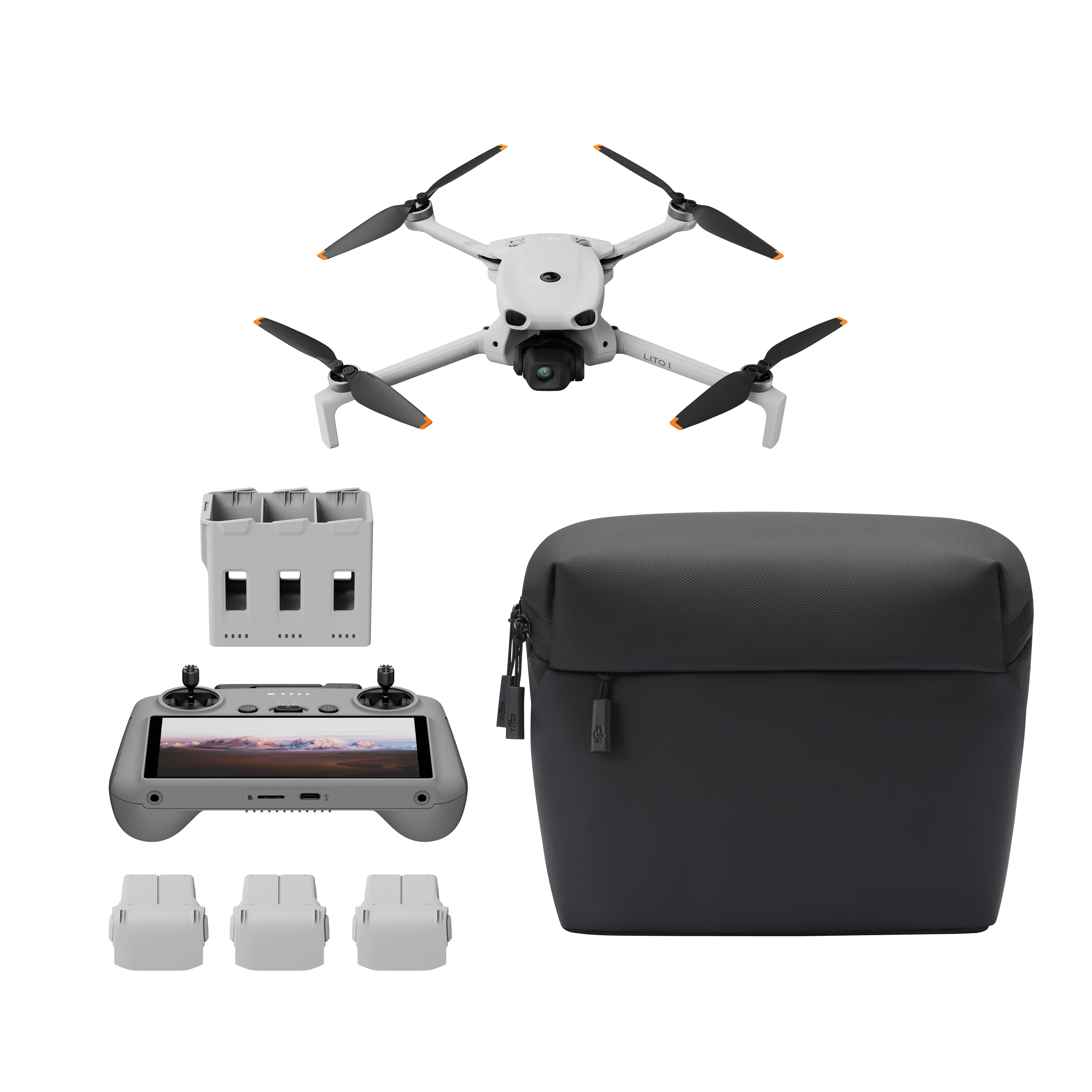Biały zestaw drona zawiera pilota, trzy baterie, ładowarkę i etui.