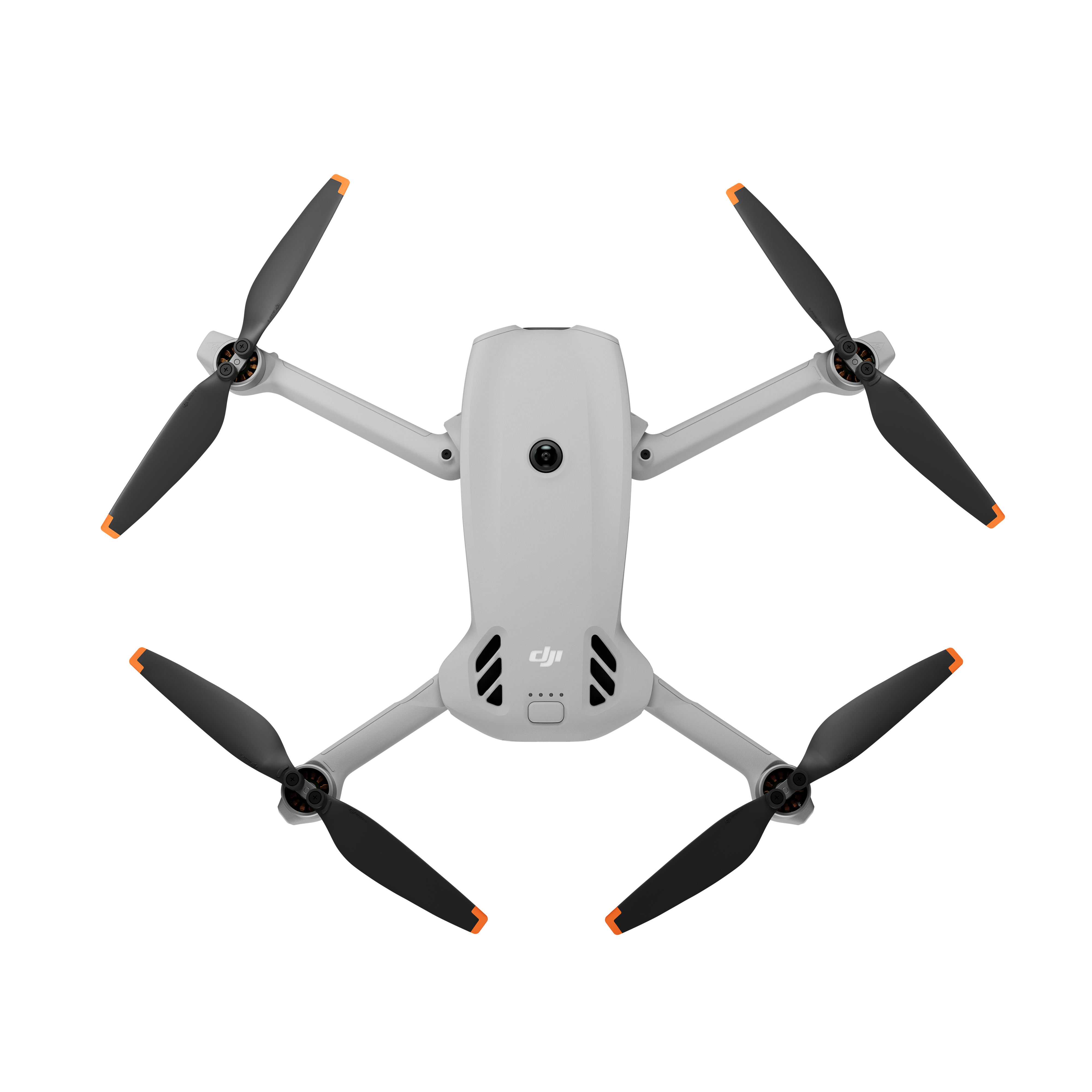 Szara dron DJI z czterema czarnymi śmigłami, każdy z pomarańczową końcówką.