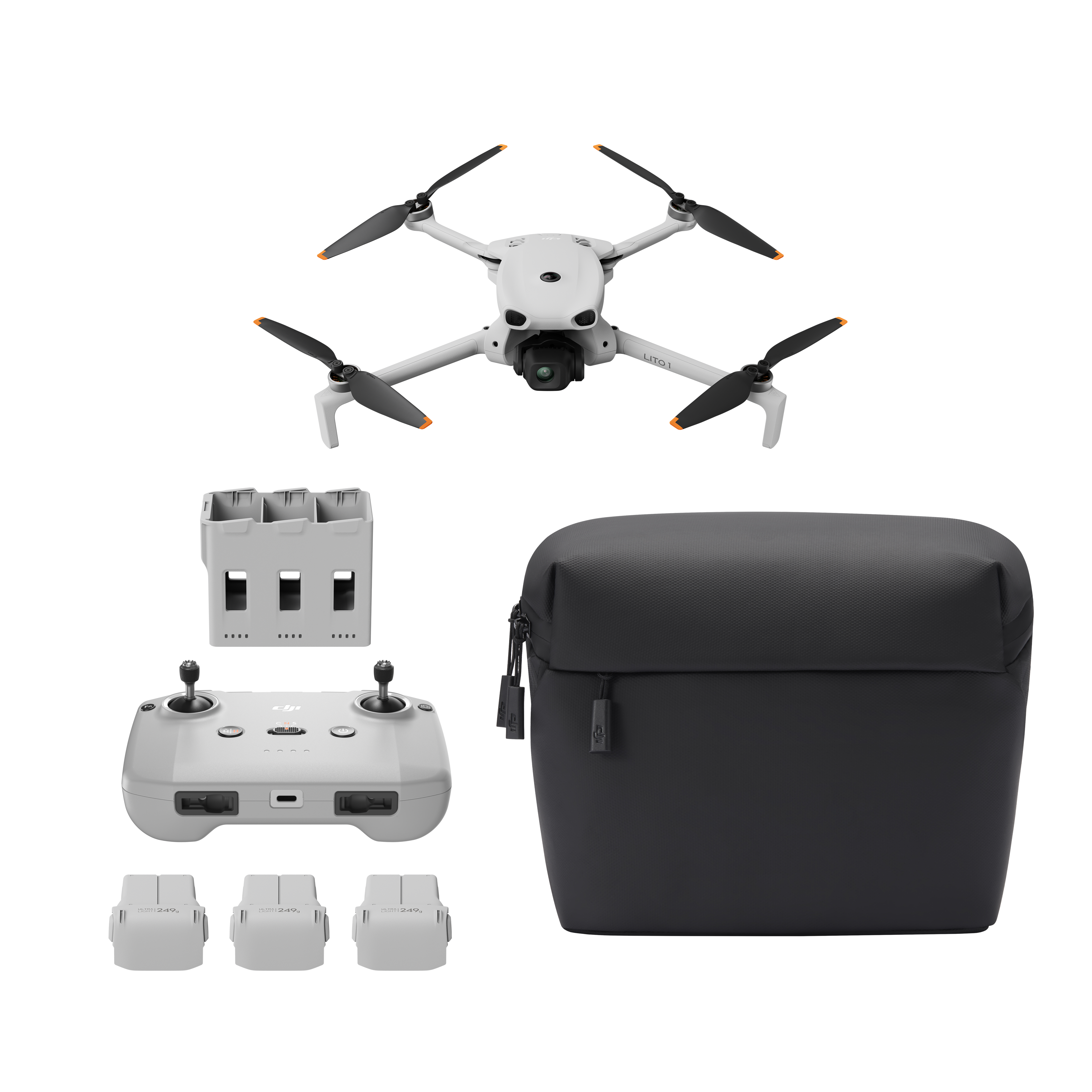 Biały zestaw drona z pilotem, ładowarką i torbą.