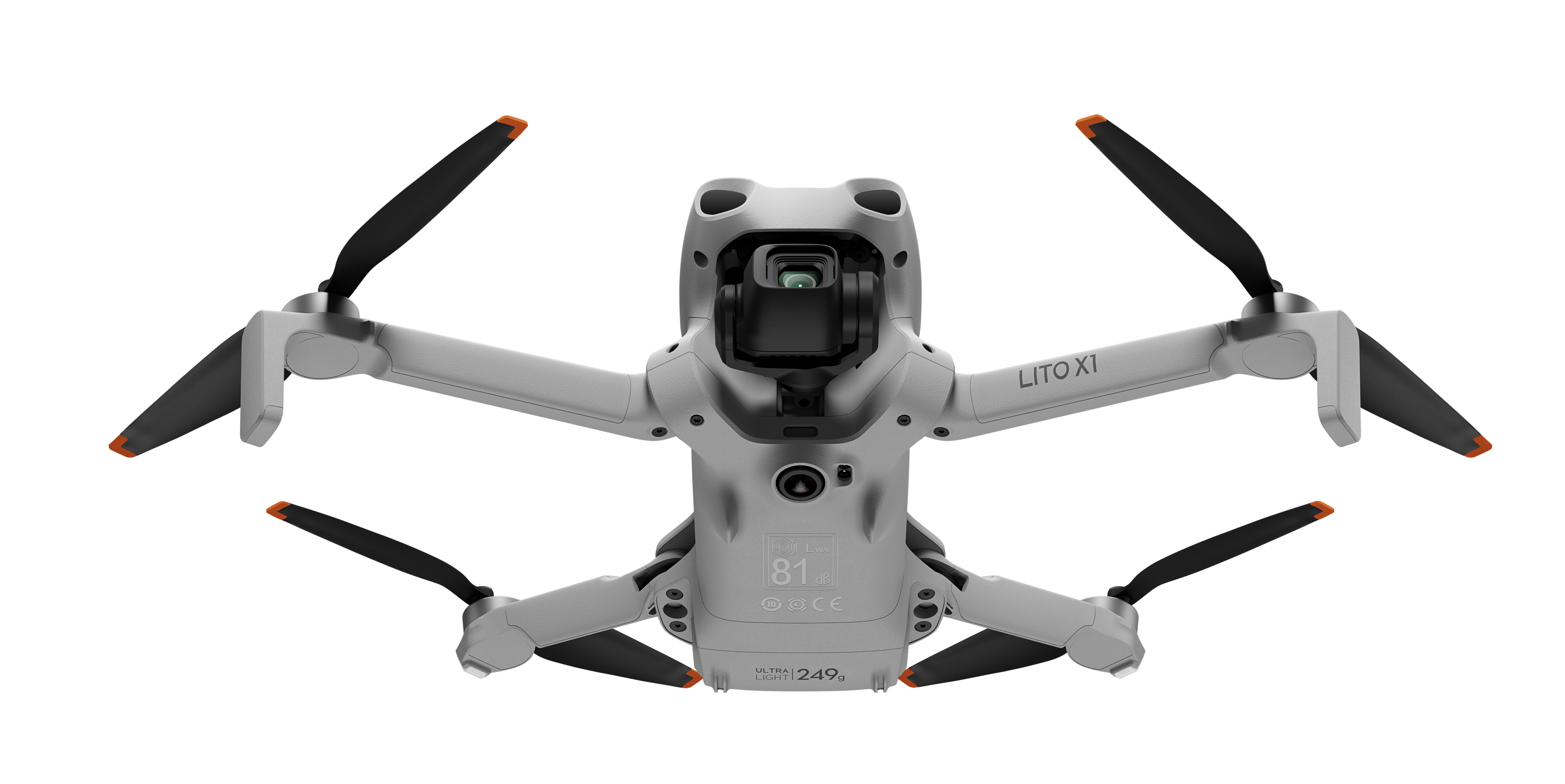 Biały dron z czterema śmigłami i kamerą na czarnym tle.