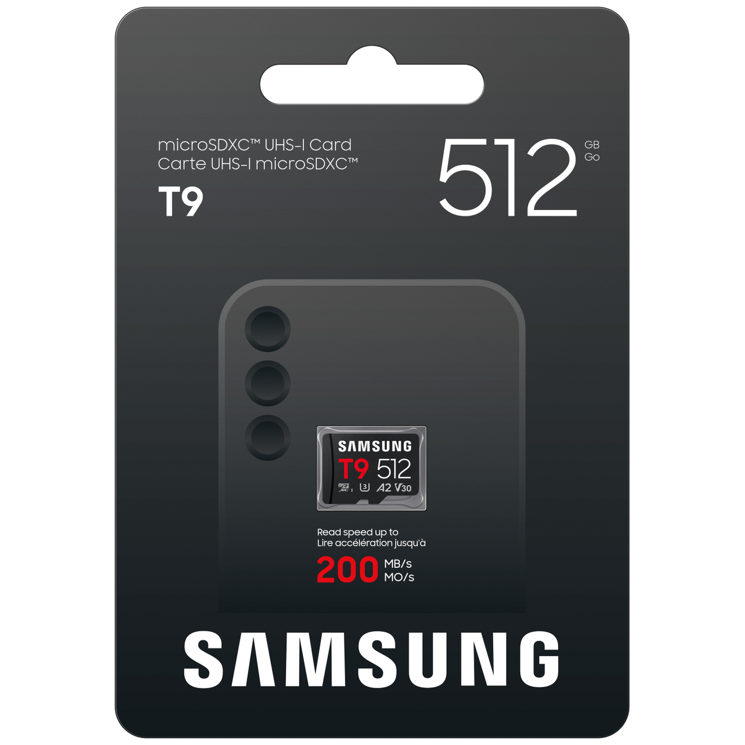 Samsung 512GB microSDXC UHS-I T9 card with 200MB/s read speed.