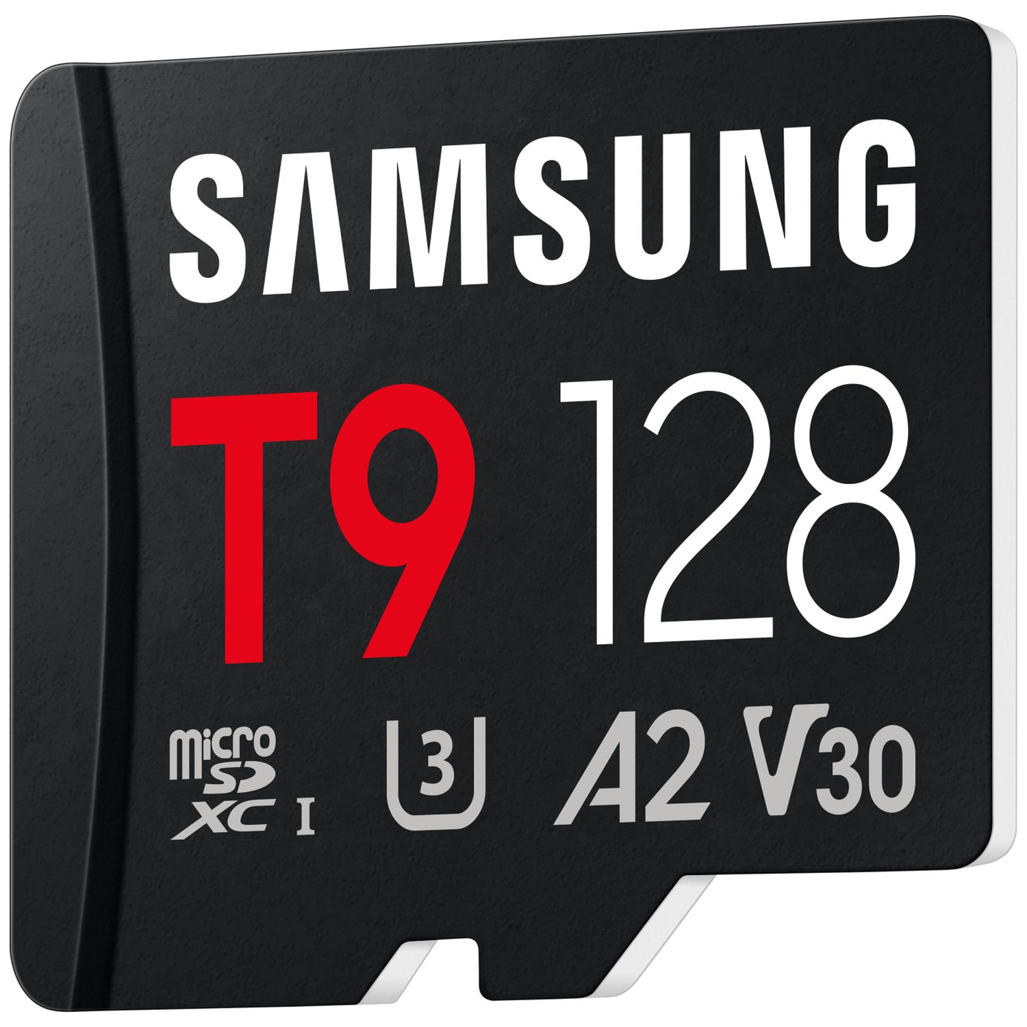 Samsung T9 128GB MicroSDXC memory card with A2 V30 marking.