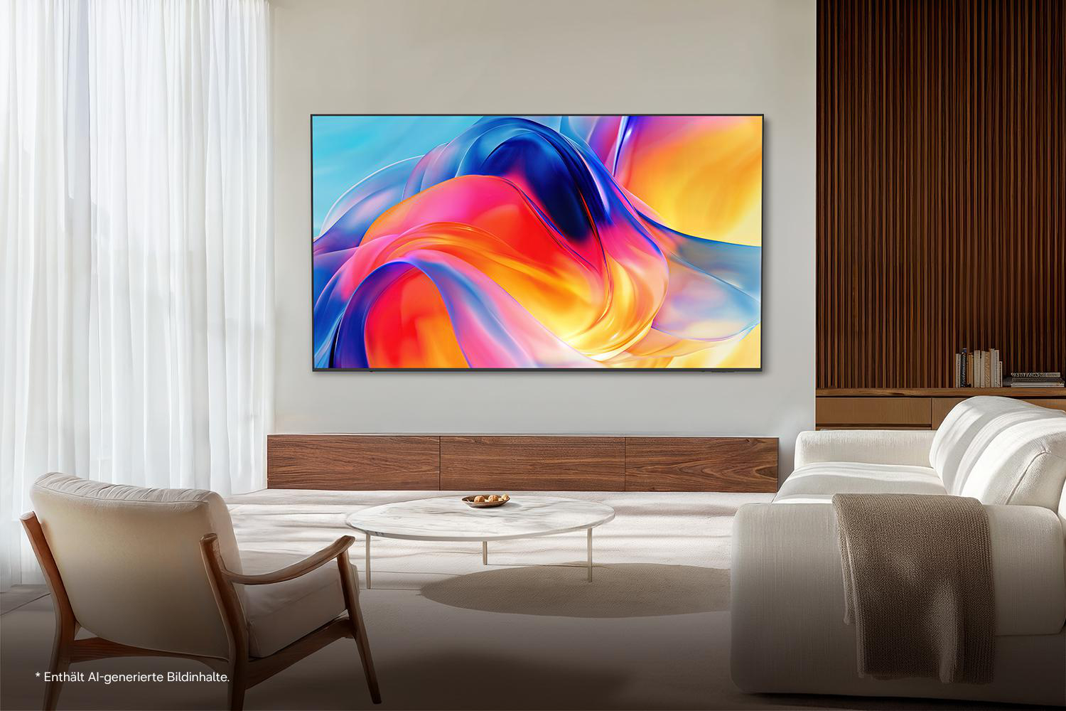 Ein modernes Wohnzimmer mit einem großen Flachbildfernseher, der ein abstraktes Bild anzeigt.