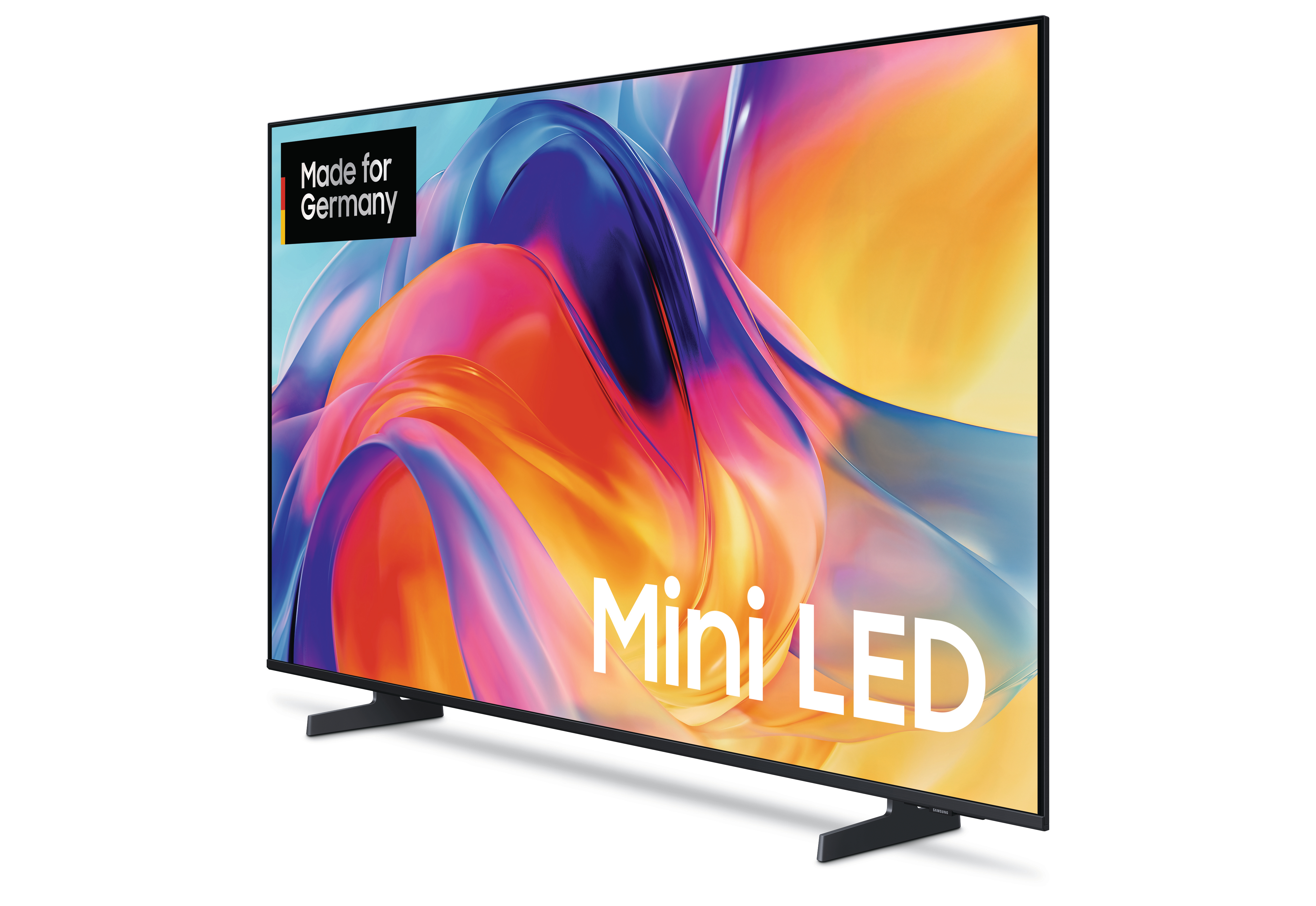 Ein Fernseher mit "Made for Germany"-Logo und bunter abstrakter Grafik. Mini LED.
