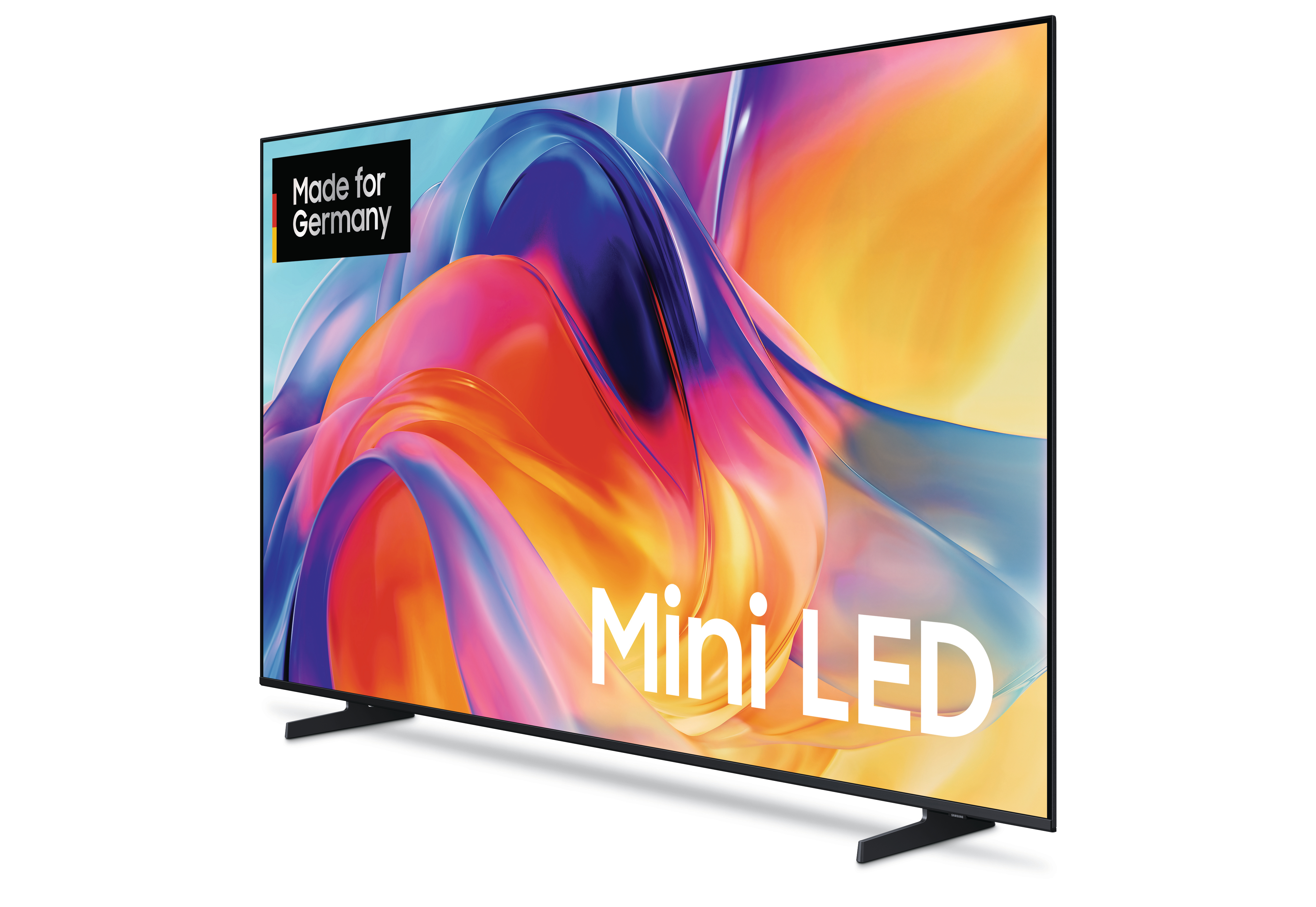 Ein moderner Flachbildfernseher mit abstraktem Hintergrund und 'Mini LED'-Aufschrift.