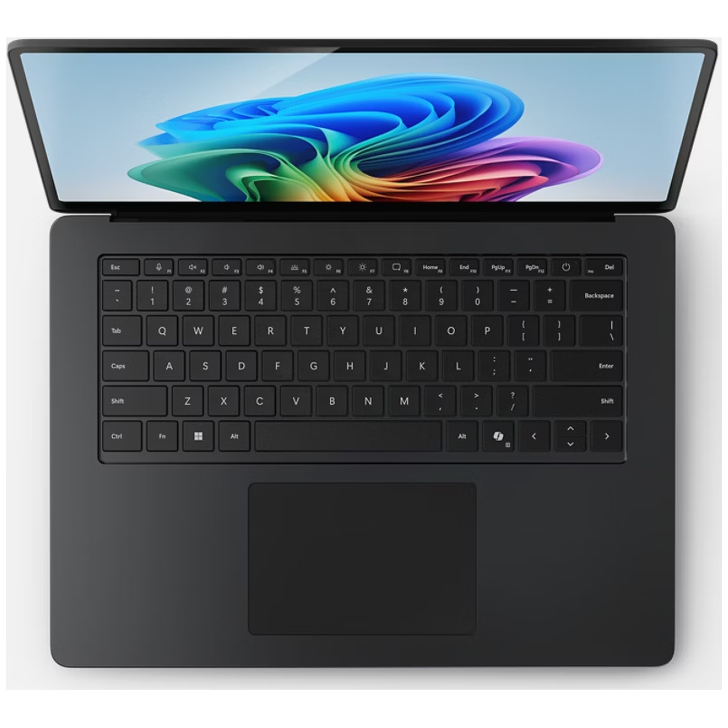 Black laptop with lid open, displaying a colorful abstract wallpaper on screen.