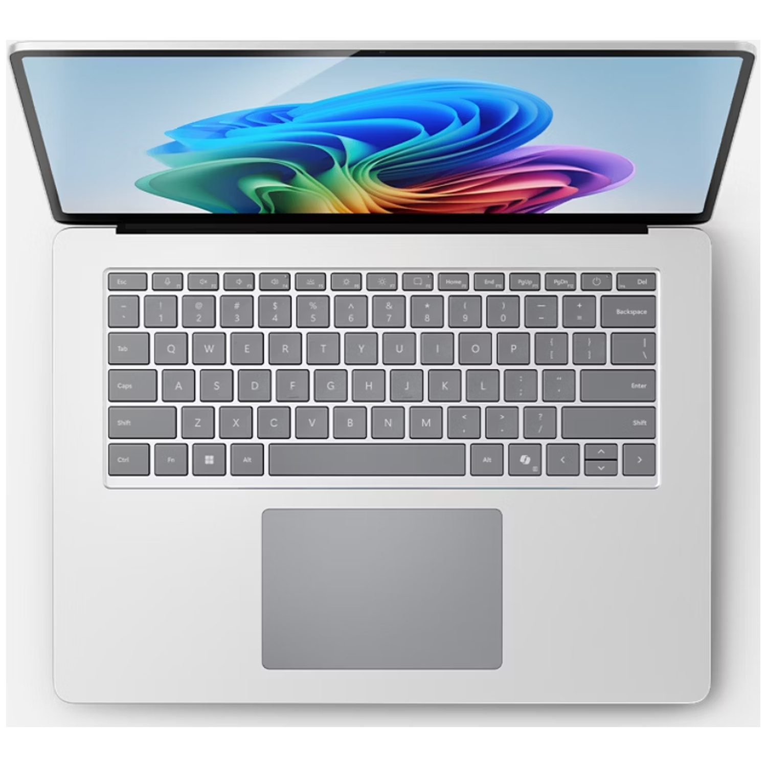 An open silver laptop displaying a colorful abstract wallpaper on its screen.