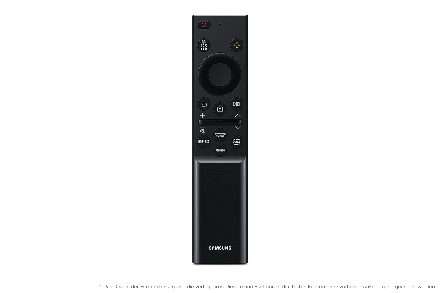 Schwarze Samsung TV-Fernbedienung mit Tasten für Netflix, YouTube und Prime Video.