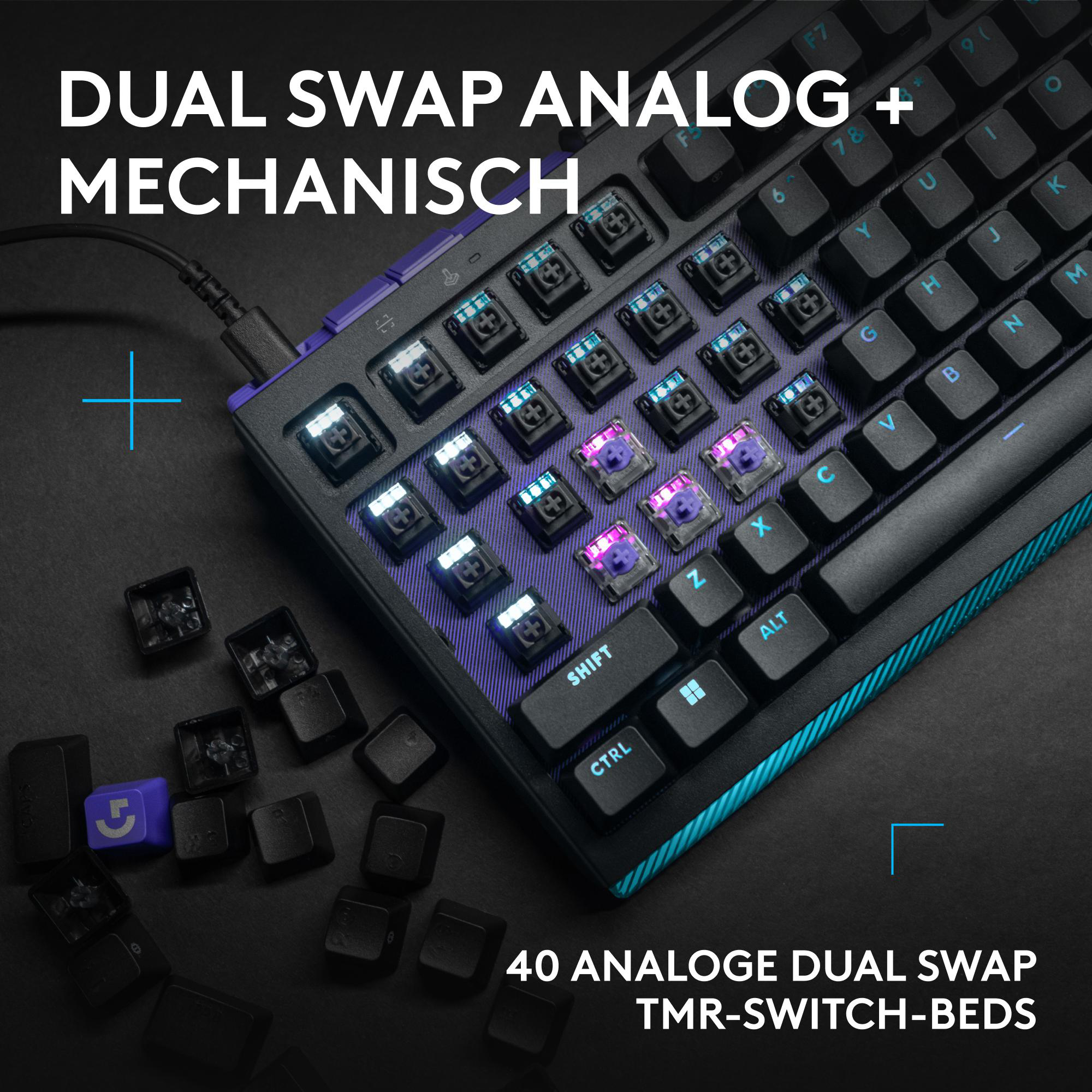 Eine Tastatur mit beleuchteten Schaltern und losen Tastenkappen auf einem dunklen Hintergrund.