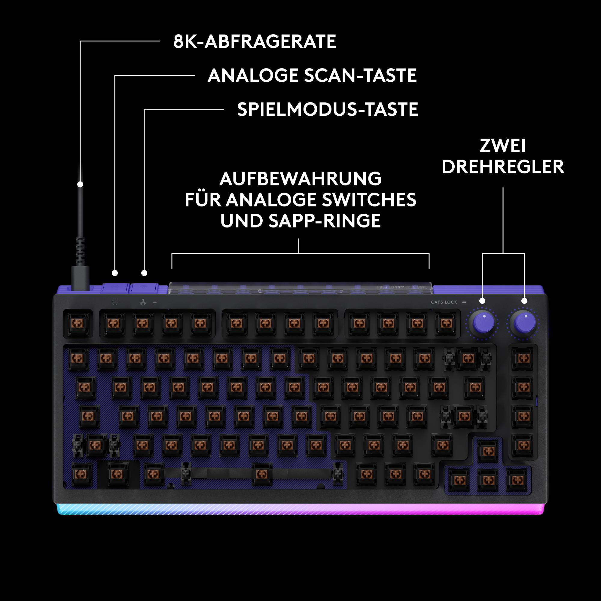 Schwarze Tastatur mit violetten Akzenten, zeigt Tastenbeschriftungen wie 8K-ABFRAGERATE, ANALOGE SCAN-TASTE und ZWEI DREHREGLER.