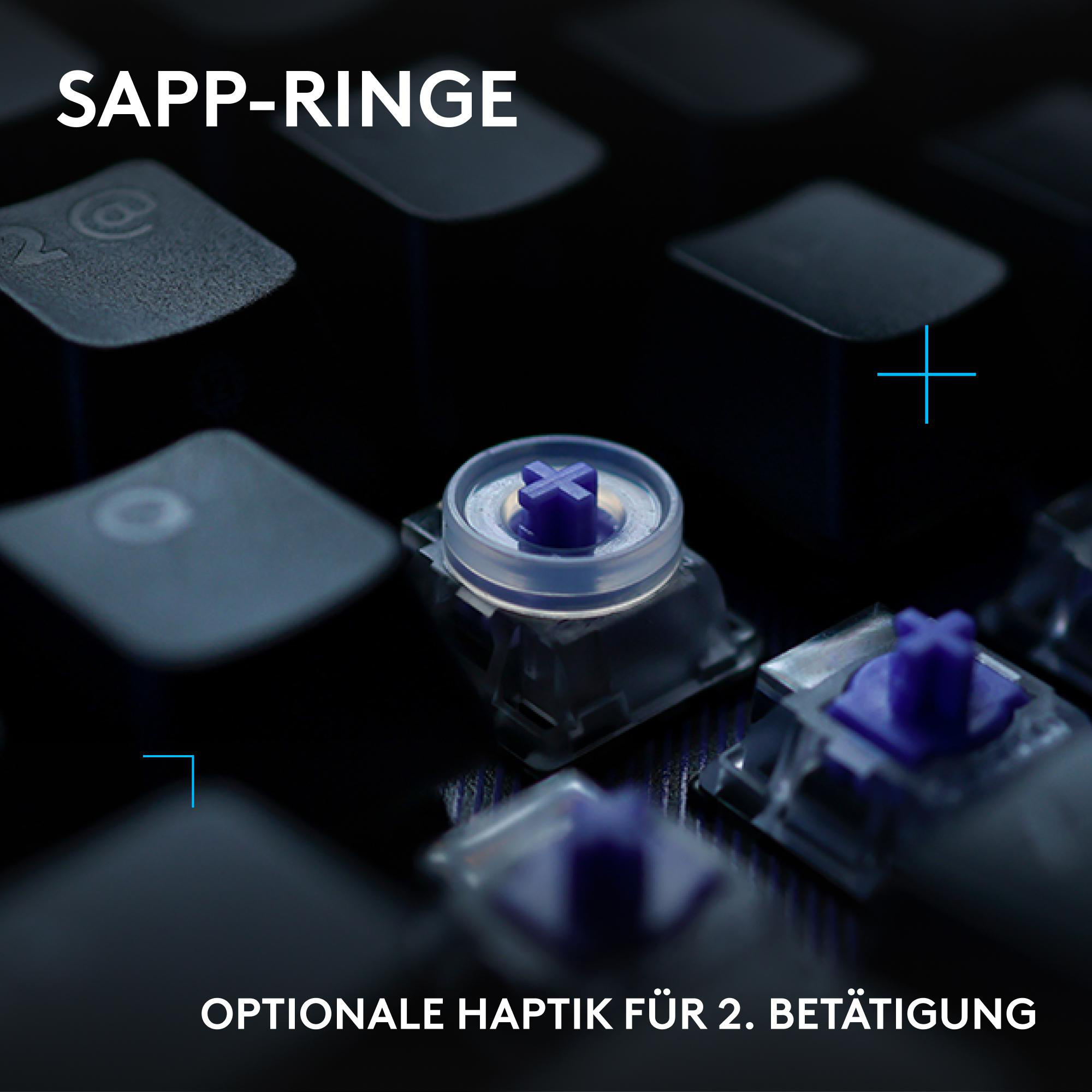 Nahaufnahme von Tastenschaltern mit blauen Kreuzen auf einer Tastatur.