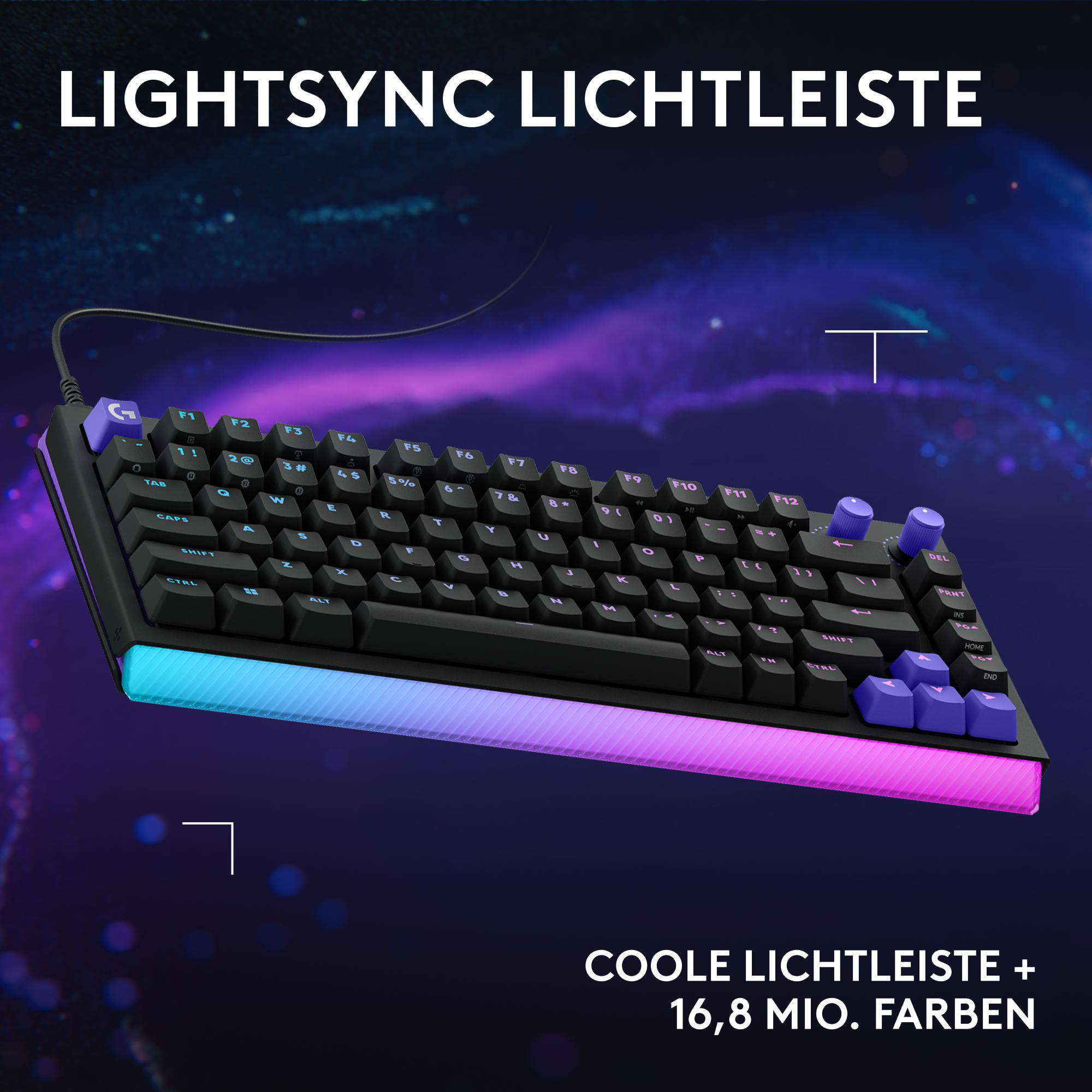 Eine schwarze Tastatur mit blau-violettem Lichteffekt und lila Tasten.