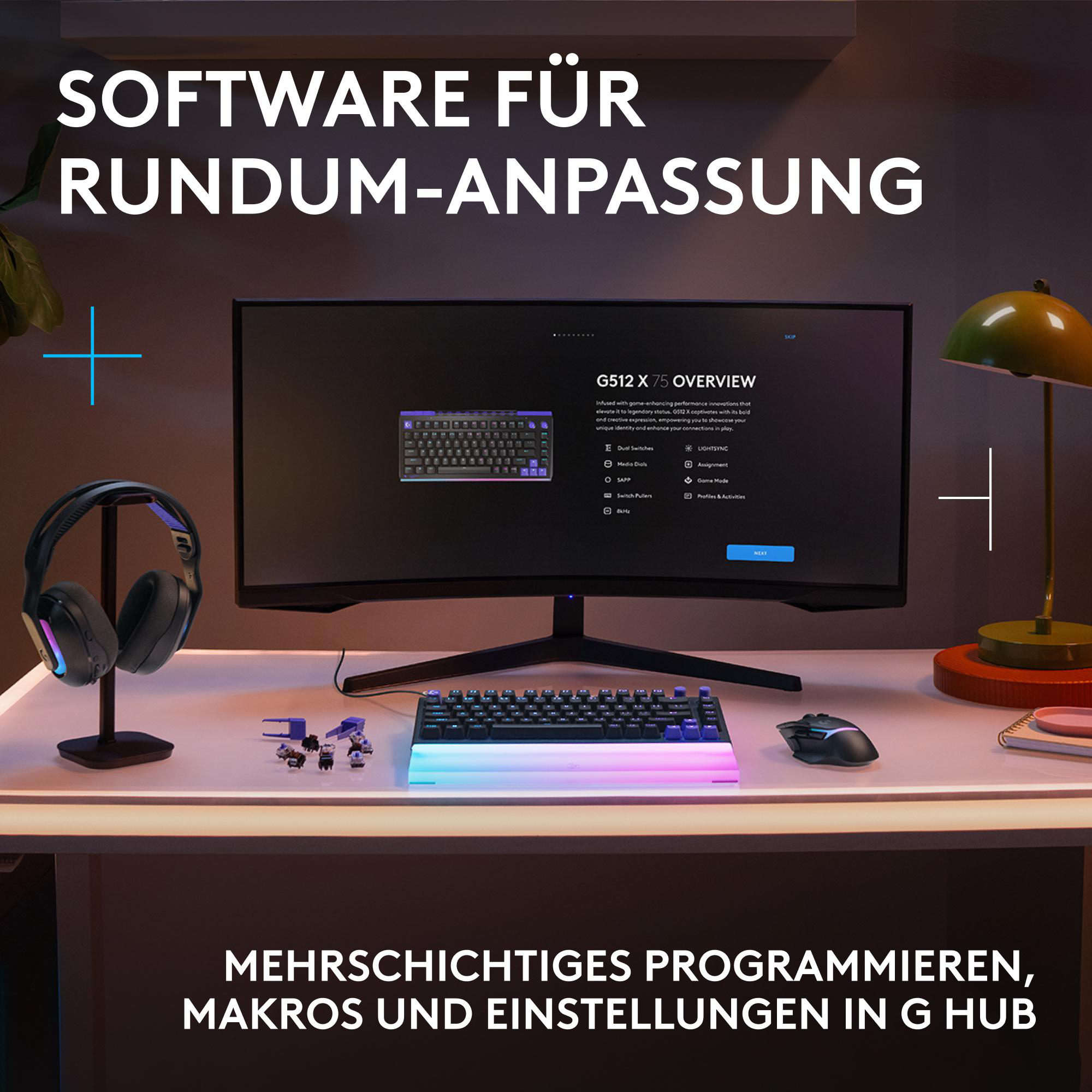 Gaming-Setup mit Tastatur, Maus, Headset und Monitor, der Software-Infos zeigt.