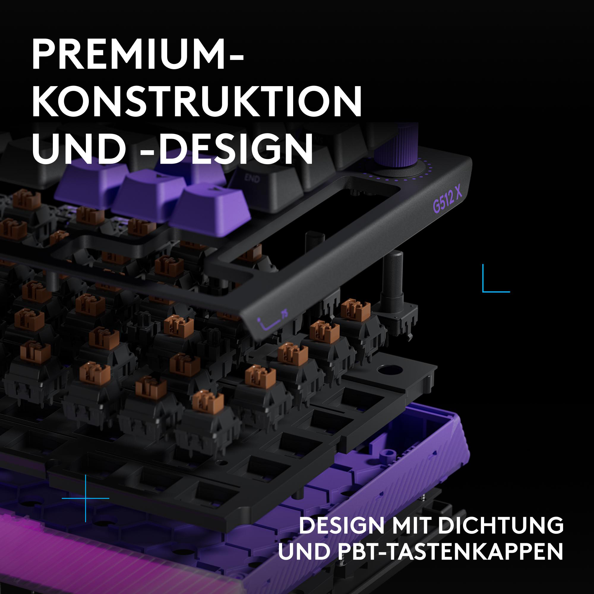 Explodierte Ansicht einer Tastatur mit lila Tasten und braunen Schaltern.