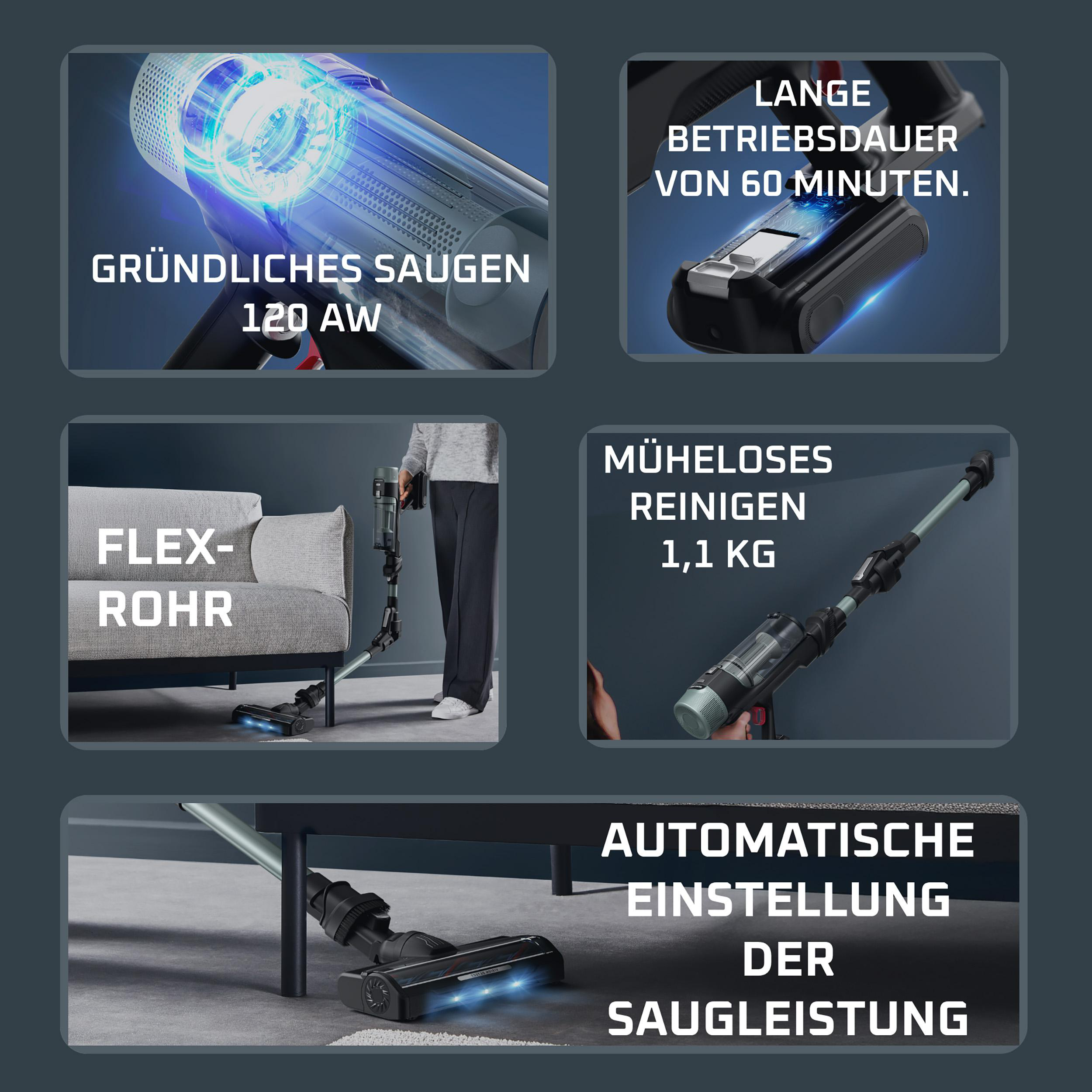 Staubsauger-Features: 120 AW Saugleistung, 60 Min Laufzeit, Flexrohr, 1,1kg leicht, automatische Saugkraft.