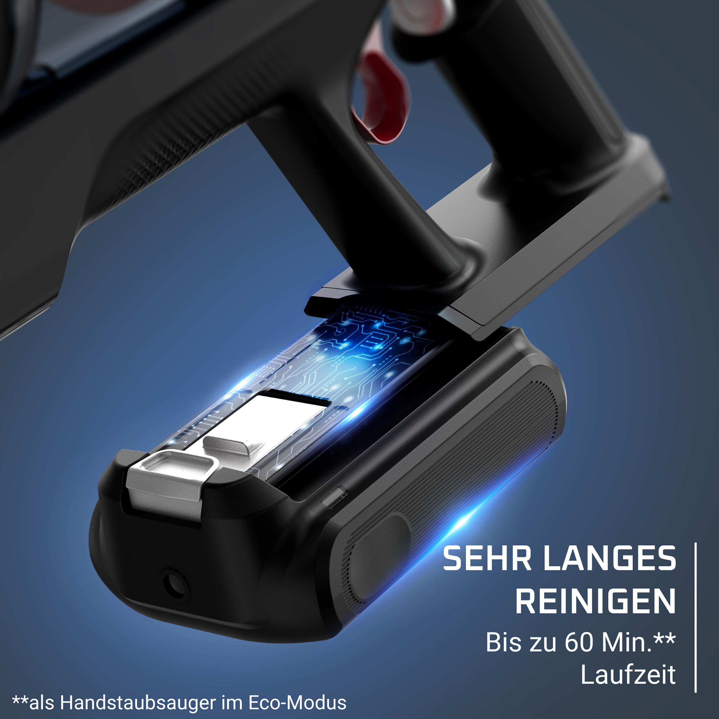 Ein schwarzer Handstaubsauger mit Batterie und blauer LED-Anzeige.