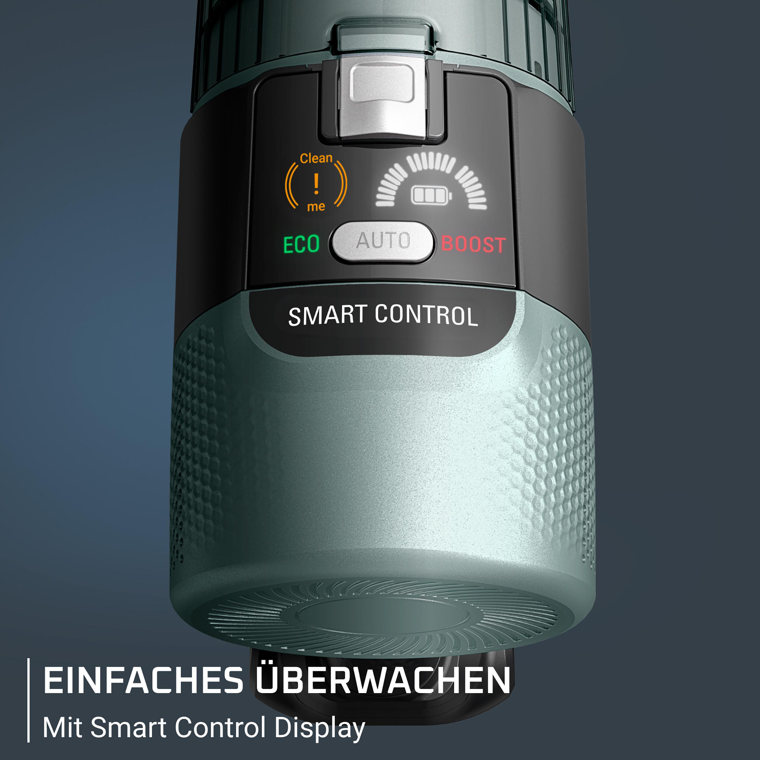 Draufsicht auf einen Staubsaugergriff mit Display, das Modi und Akku anzeigt.