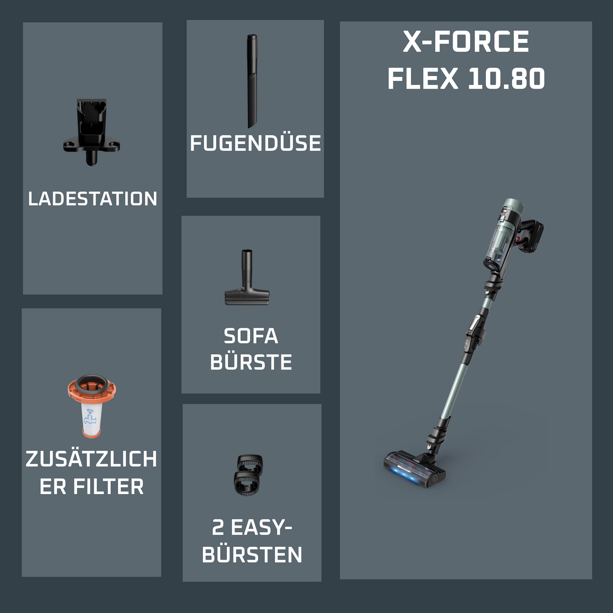 X-Force Flex 10.80 Staubsauger mit Zubehör: Ladestation, Fugendüse, Sofabürste, Filter.