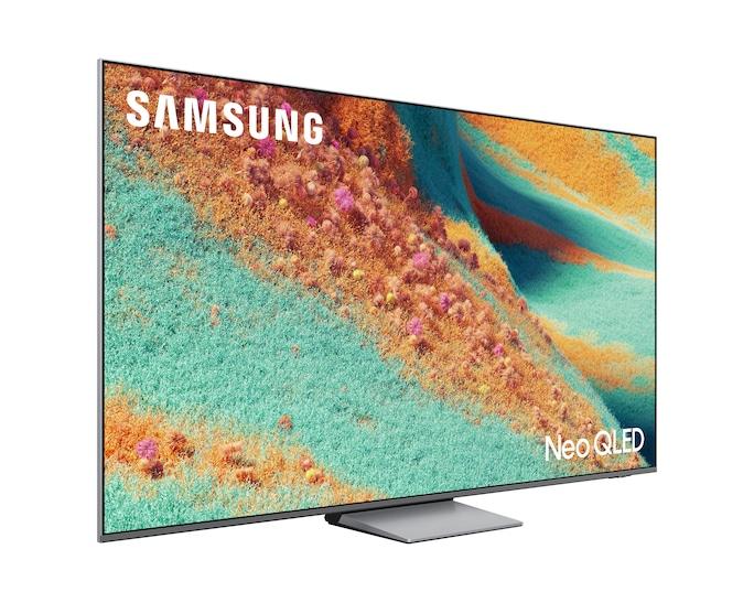 Telewizor Samsung Neo QLED wyświetla abstrakcyjną sztukę w kolorach turkusowym, pomarańczowym i różowym.