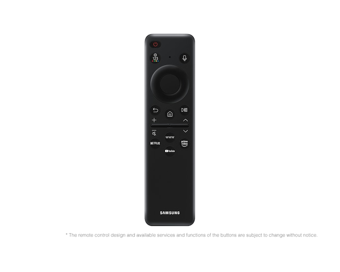 Czarny pilot Samsung TV z przyciskami nawigacyjnymi i skrótami do aplikacji.