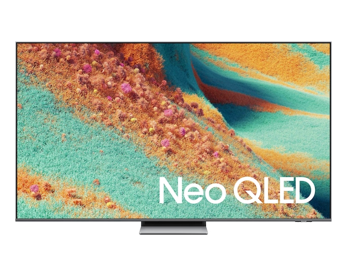 Nowoczesny telewizor Neo QLED wyświetla abstrakcyjną sztukę w odcieniach turkusu, pomarańczy i różu.