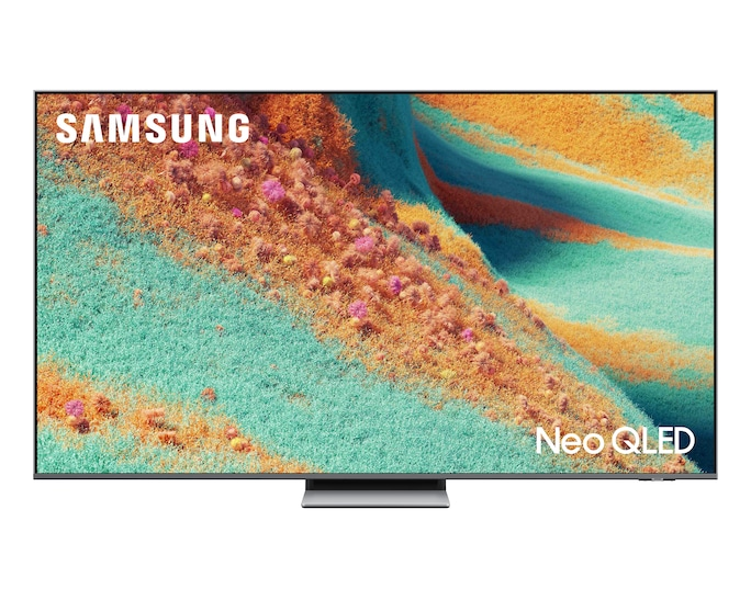Telewizor Samsung Neo QLED z kolorową sztuką abstrakcyjną. Szary stojak na dole.