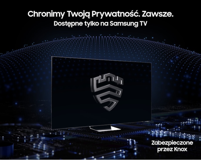 Telewizor Samsung z logo tarczy, chroniony przez Knox. Prywatność.