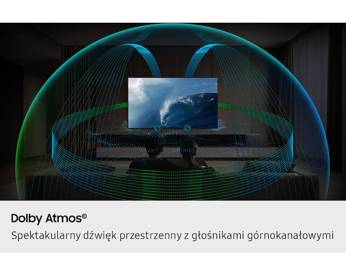 Dwie osoby oglądają telewizor z falą. Fale dźwiękowe emanują z telewizora.