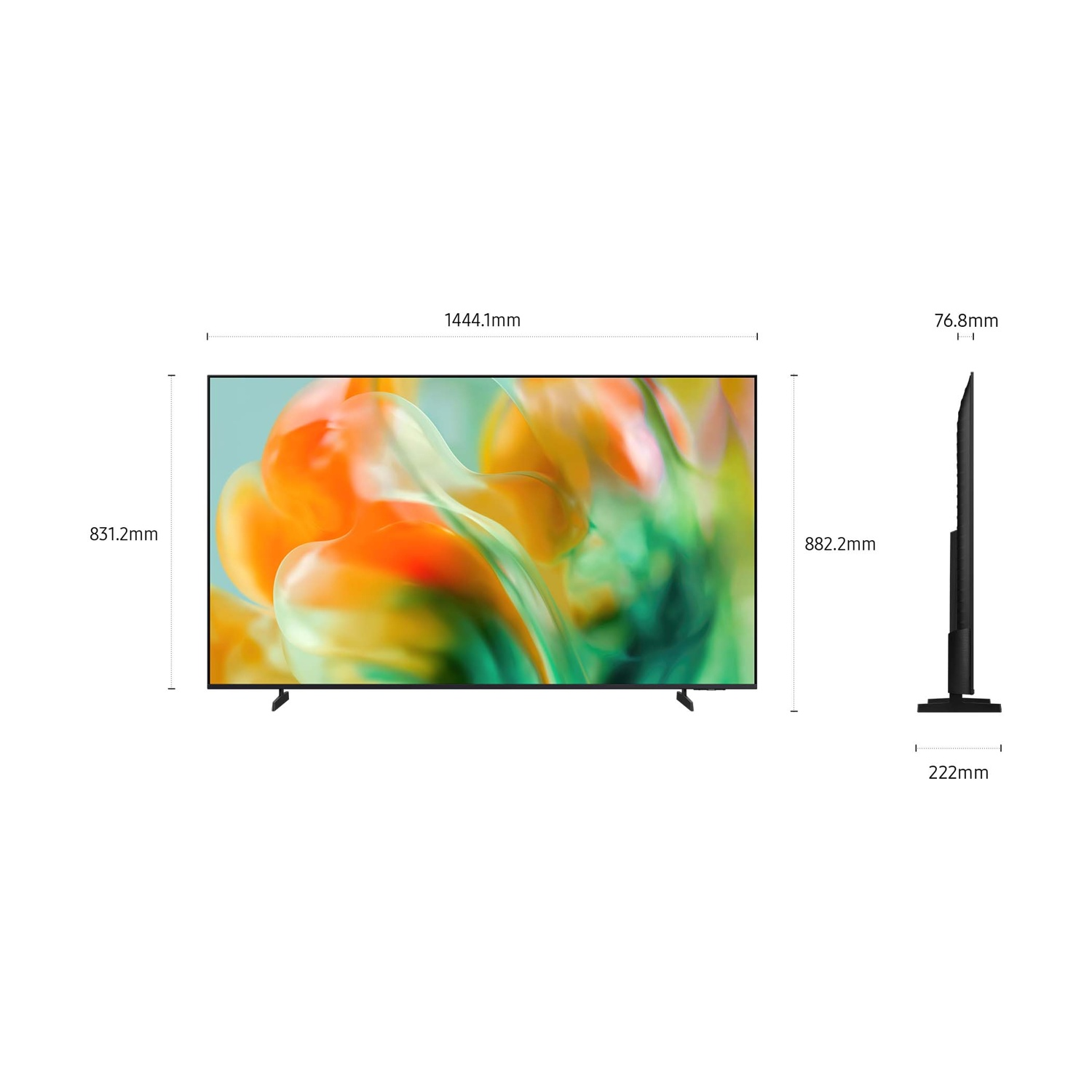 Un televisore a schermo piatto con dimensioni. Larghezza 1444,1 mm, altezza 831,2 mm.