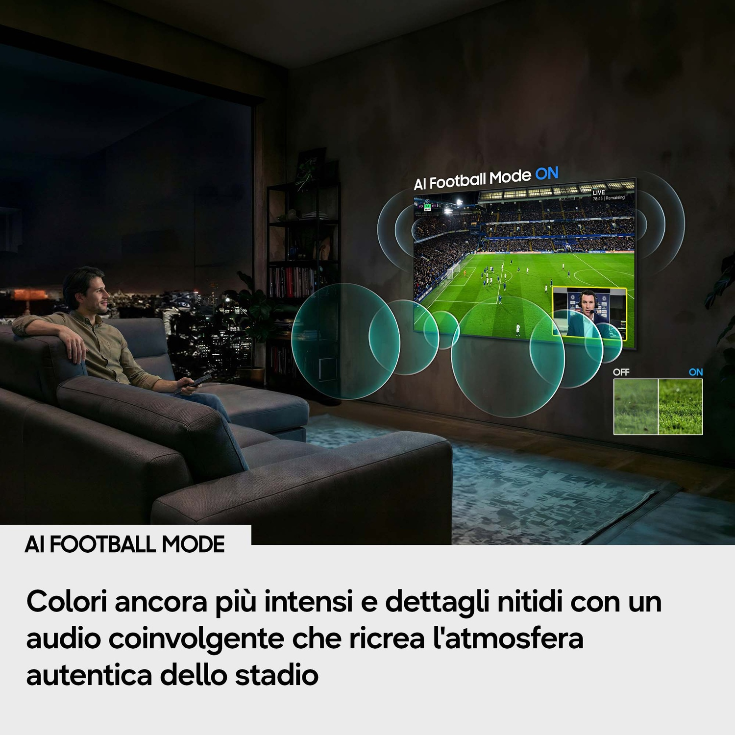 Uomo seduto sul divano guarda il calcio in TV con Modalità Calcio AI ON.