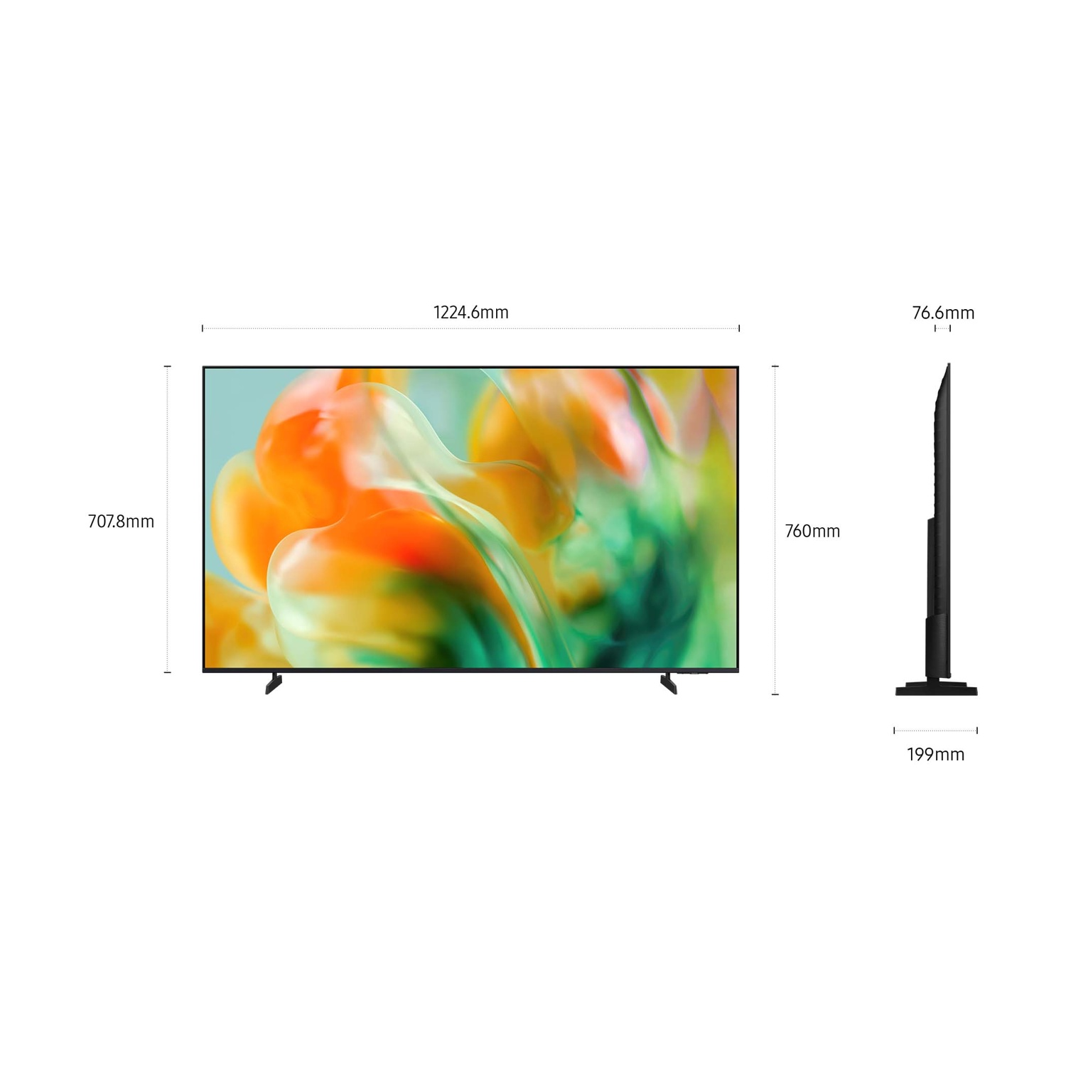 TV con dimensioni: 1224,6mm L, 707,8mm A, 76,6mm P, 199mm profondità base.