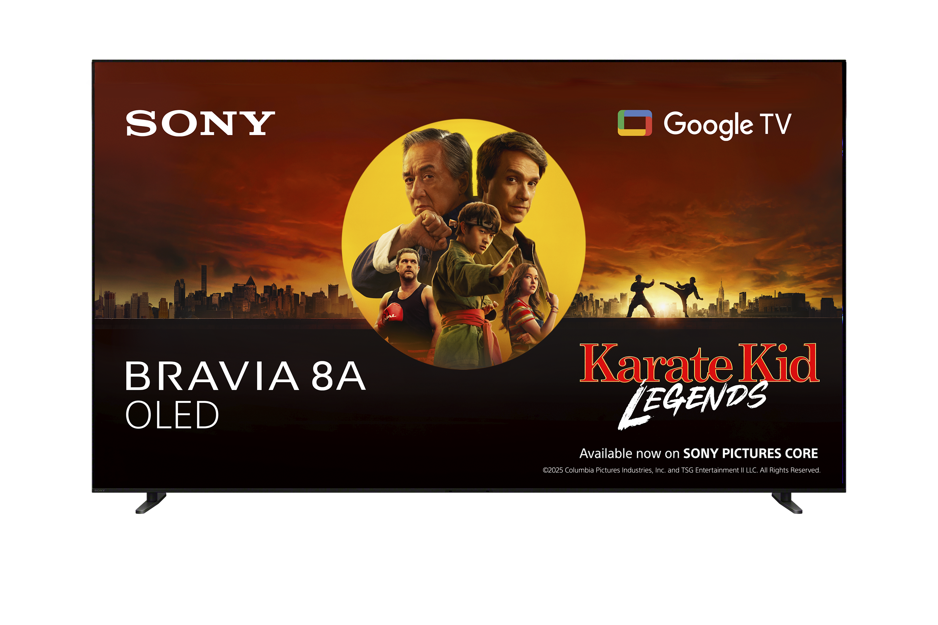 Telewizor Sony Bravia OLED wyświetla Karate Kid Legends z aktorami i panoramą miasta.