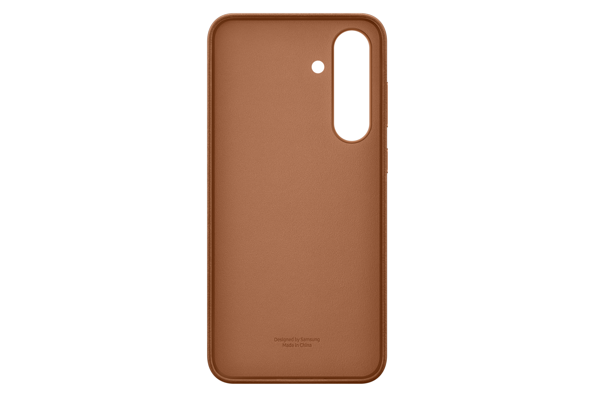 Brązowe etui na telefon z wycięciami na aparat i przyciski.