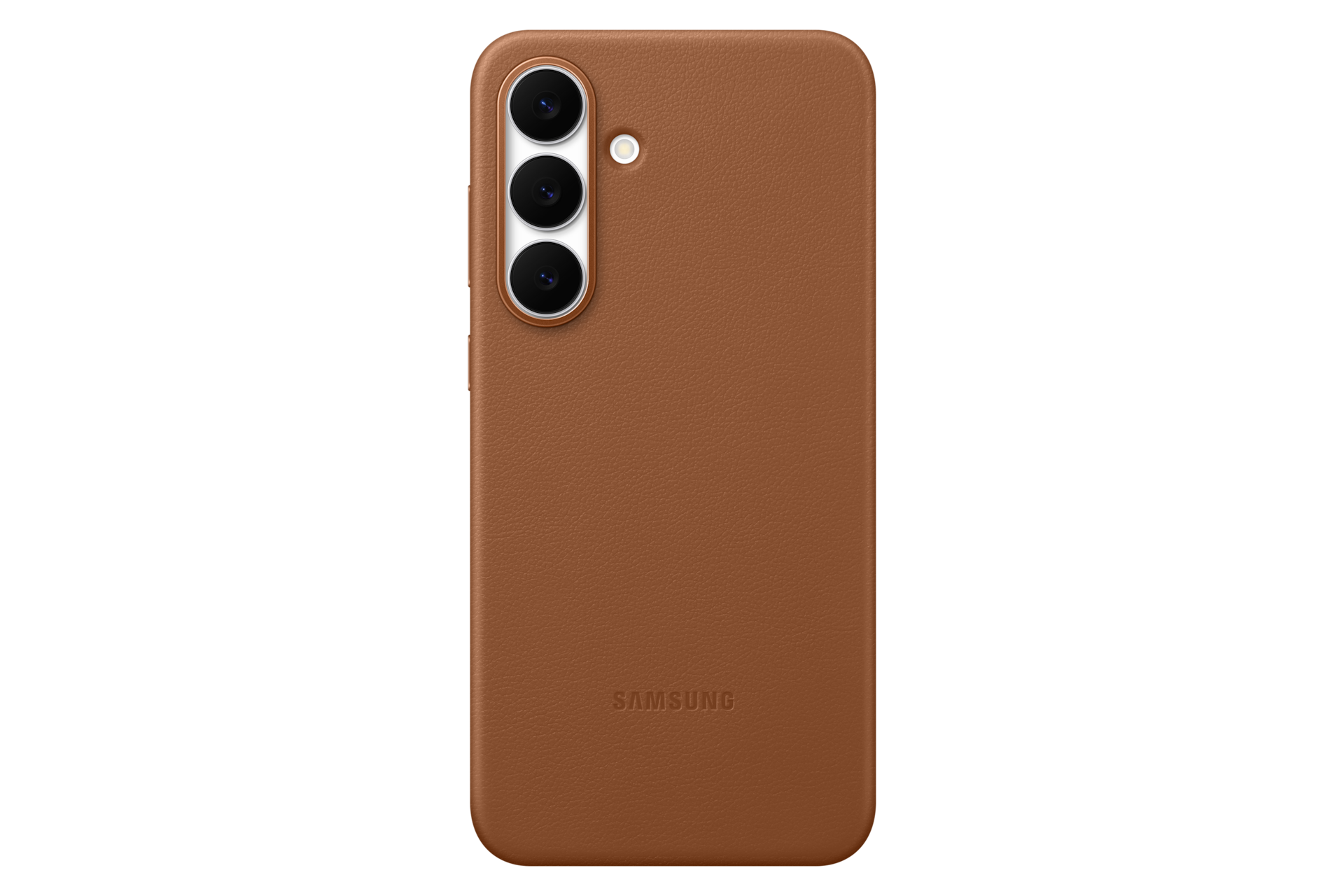 Brązowe etui na telefon z trzema obiektywami i lampą błyskową. Logo Samsung na dole.