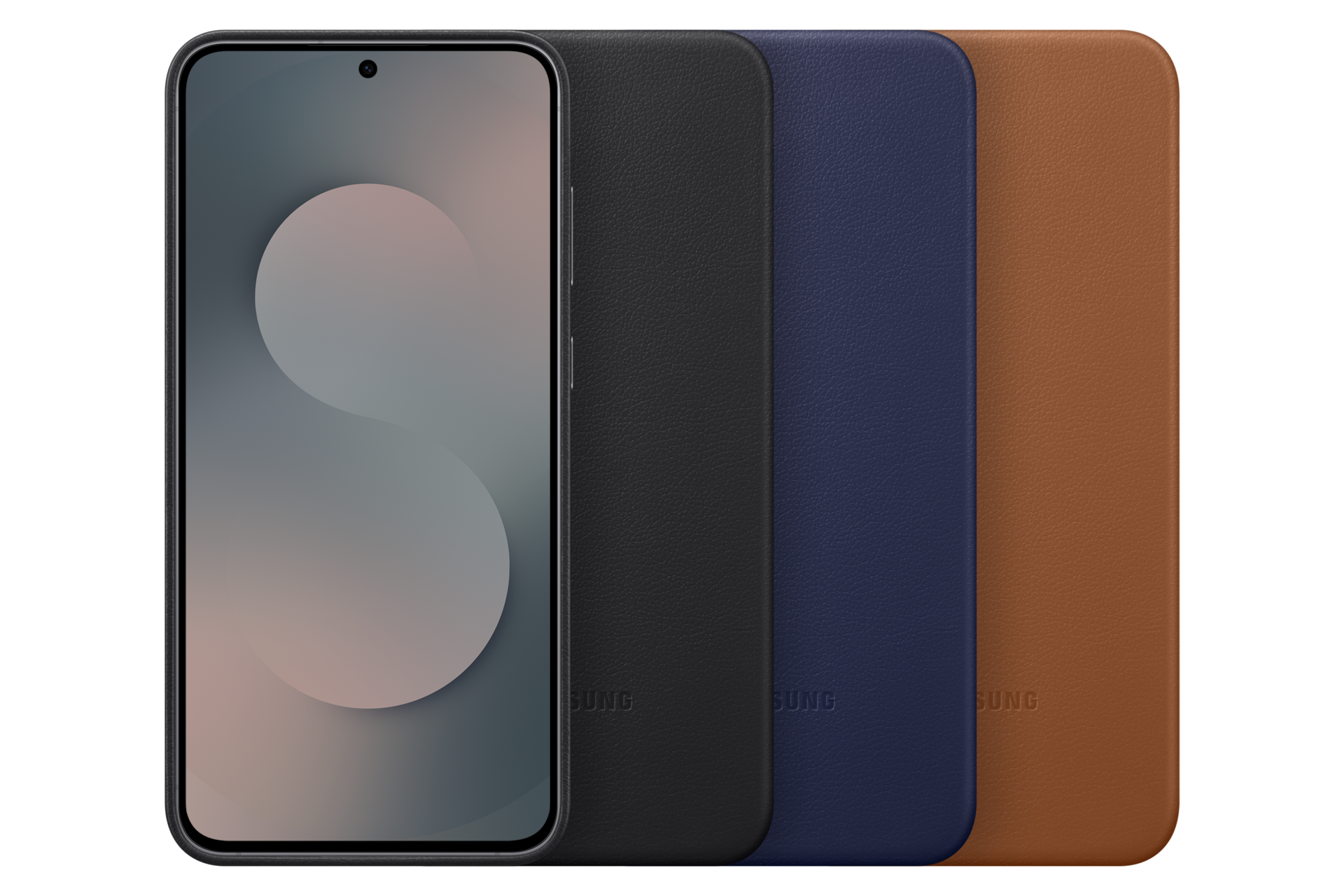 Smartfon z szarym ekranem obok trzech skórzanych etui: czarnego, niebieskiego i brązowego.