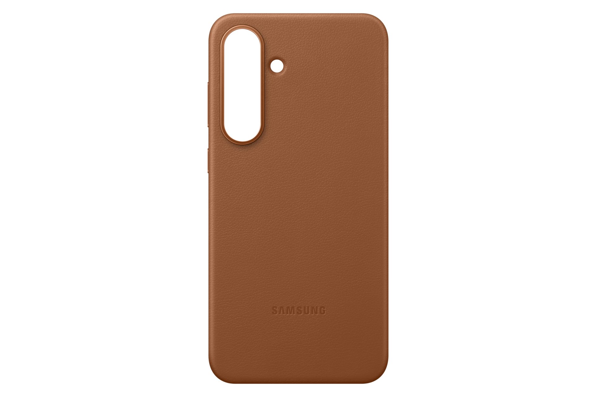 Brązowe skórzane etui na telefon z wycięciem na aparat i logo Samsung.