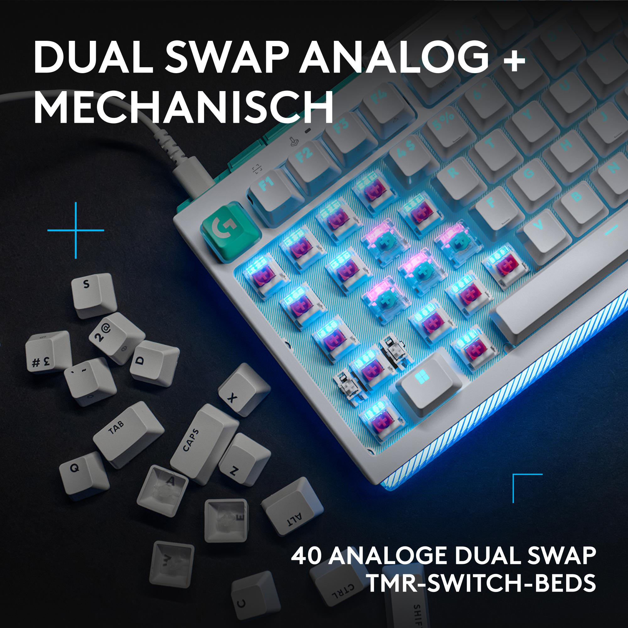 Eine weiße Tastatur mit transparenten Schaltern und blauer Beleuchtung liegt auf schwarzem Hintergrund.