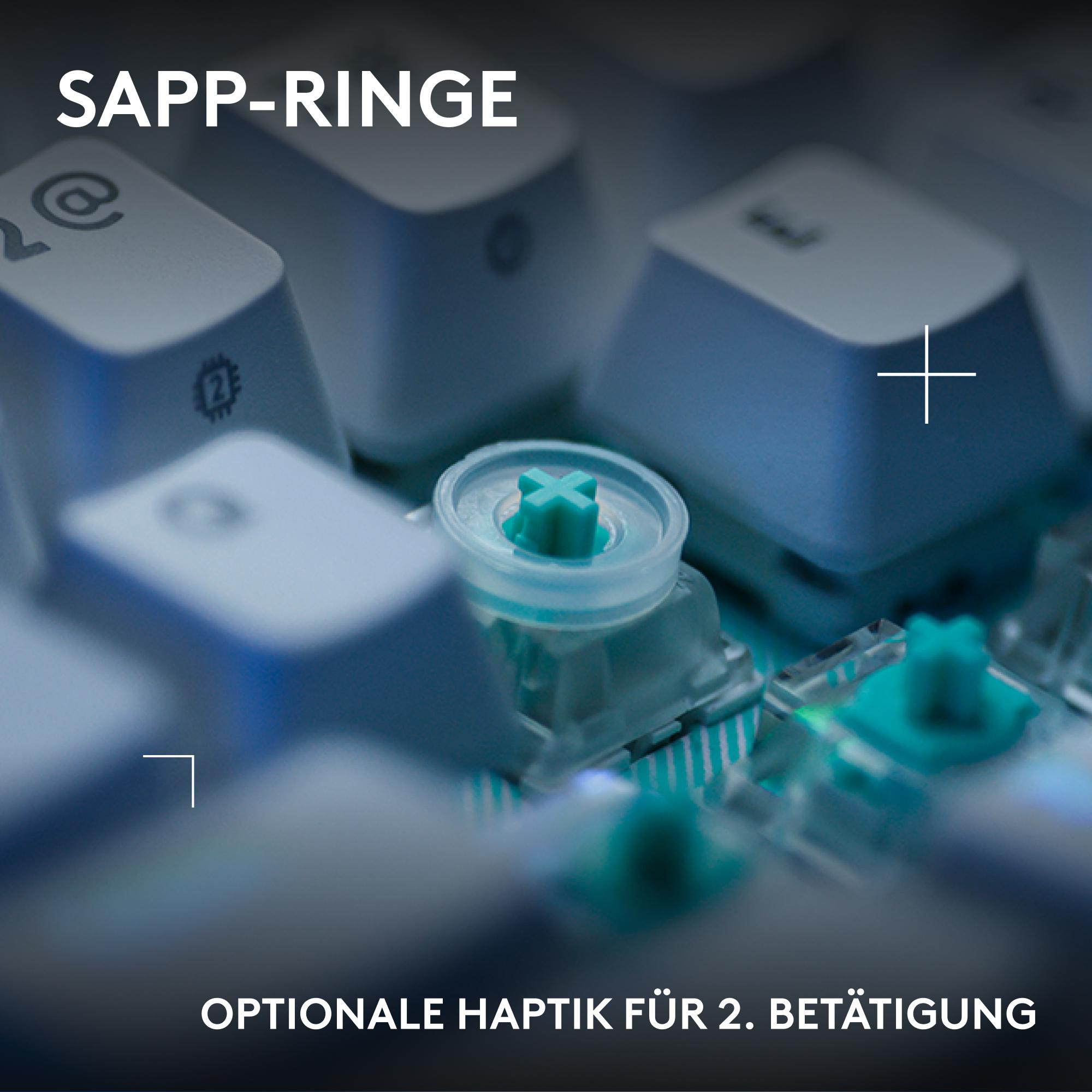 Nahaufnahme einer Tastatur mit grünen Schaltern und Text.
