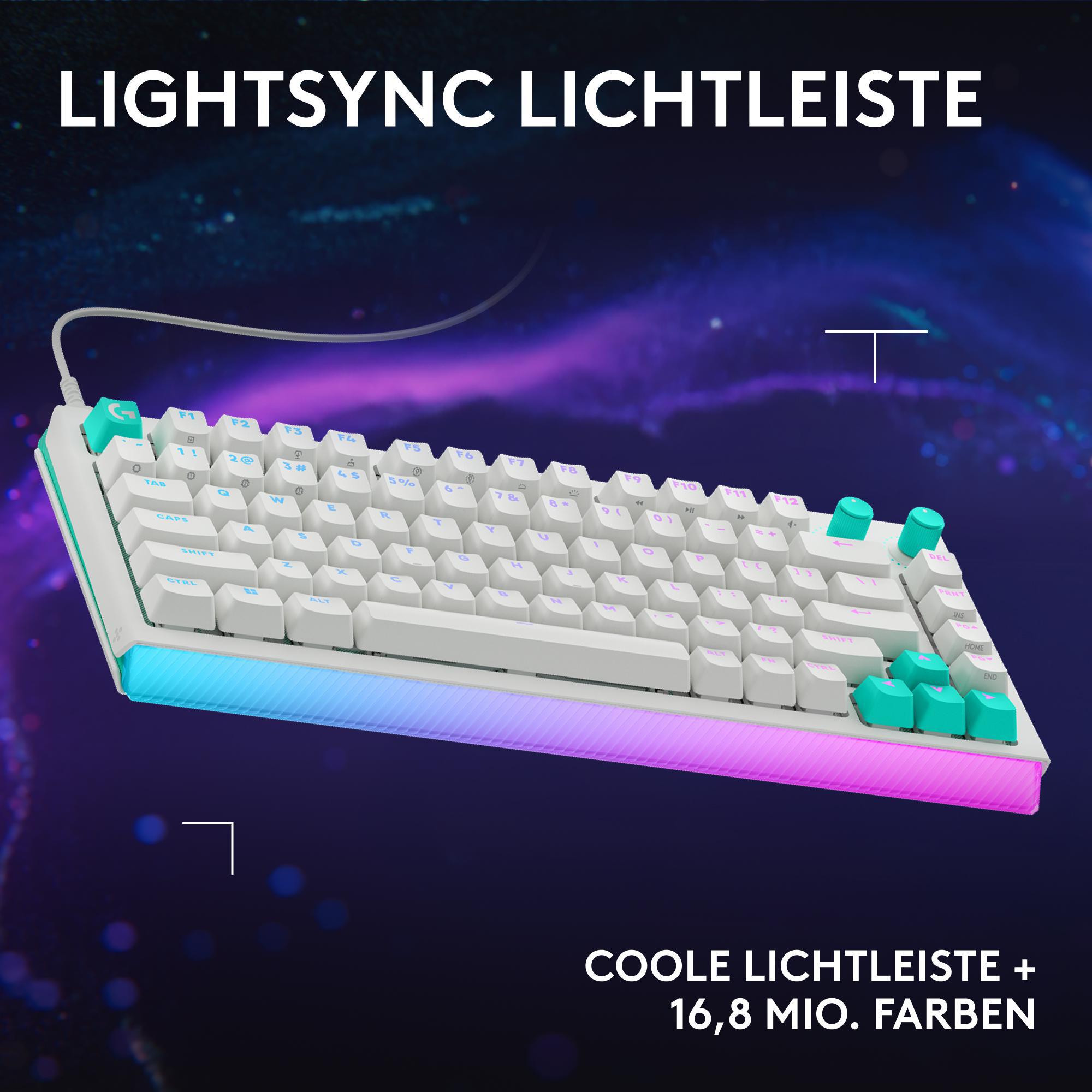 Weiße Tastatur mit türkisfarbenen Akzenten und RGB-Beleuchtung auf dunklem Hintergrund.