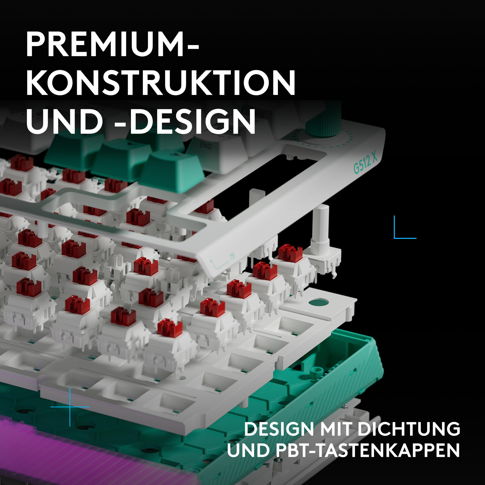 Explodierte Ansicht einer weißen Tastatur mit roten Schaltern und türkisfarbenen Tasten.