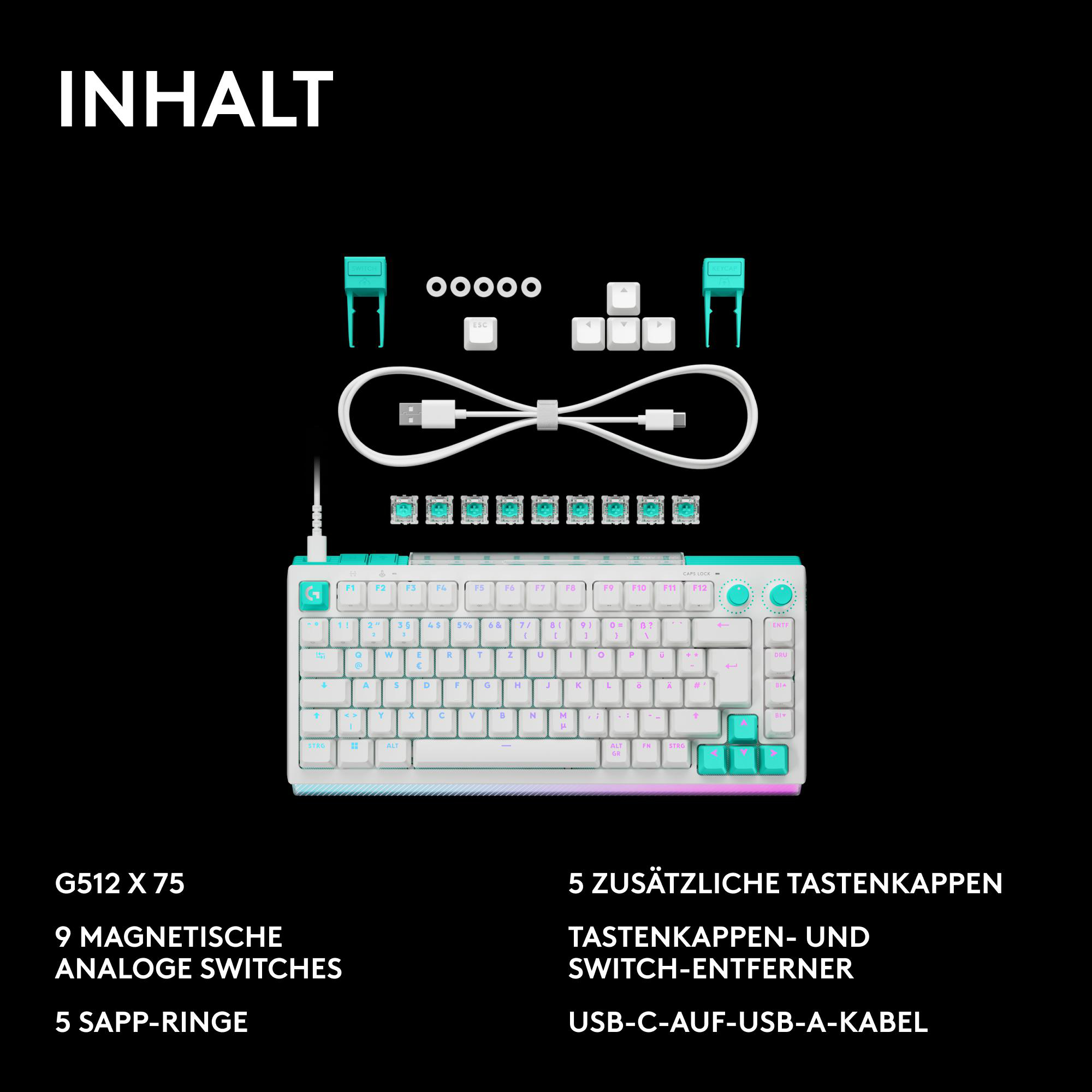 Ein weißes Keyboard mit blauen Akzenten, Kabel und Zubehör auf schwarzem Hintergrund.