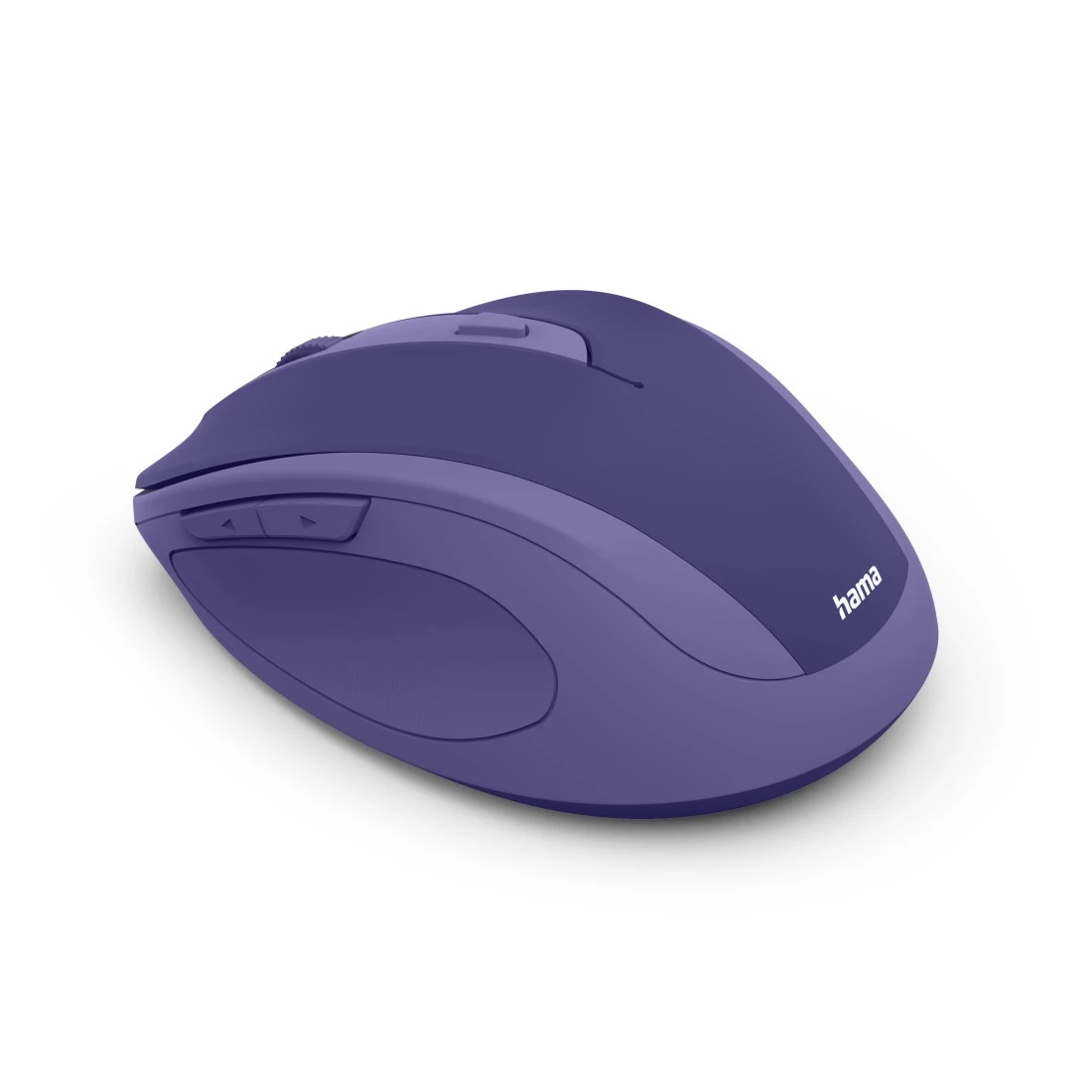 Eine lila Computermaus mit Scrollrad und Seitentasten auf weißem Hintergrund.