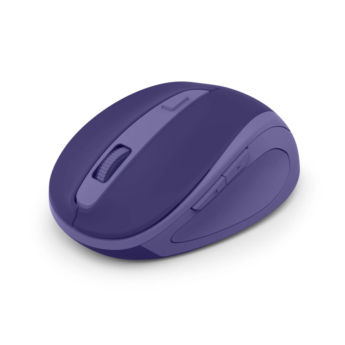 Eine lila Computermouse mit Scrollrad und seitlichen Tasten.