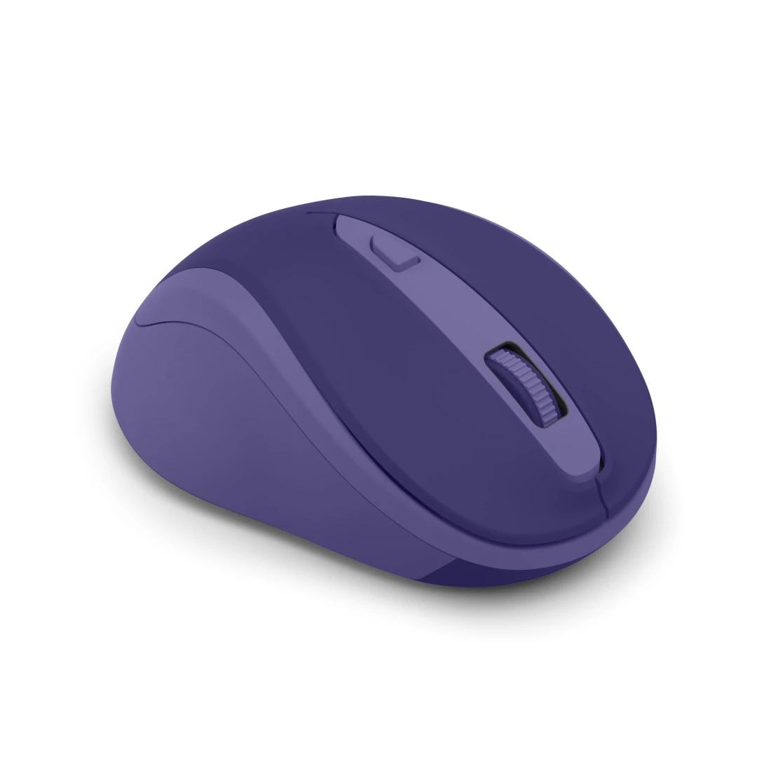 Lila Computermaus mit Scrollrad und Knöpfen auf weißem Hintergrund.