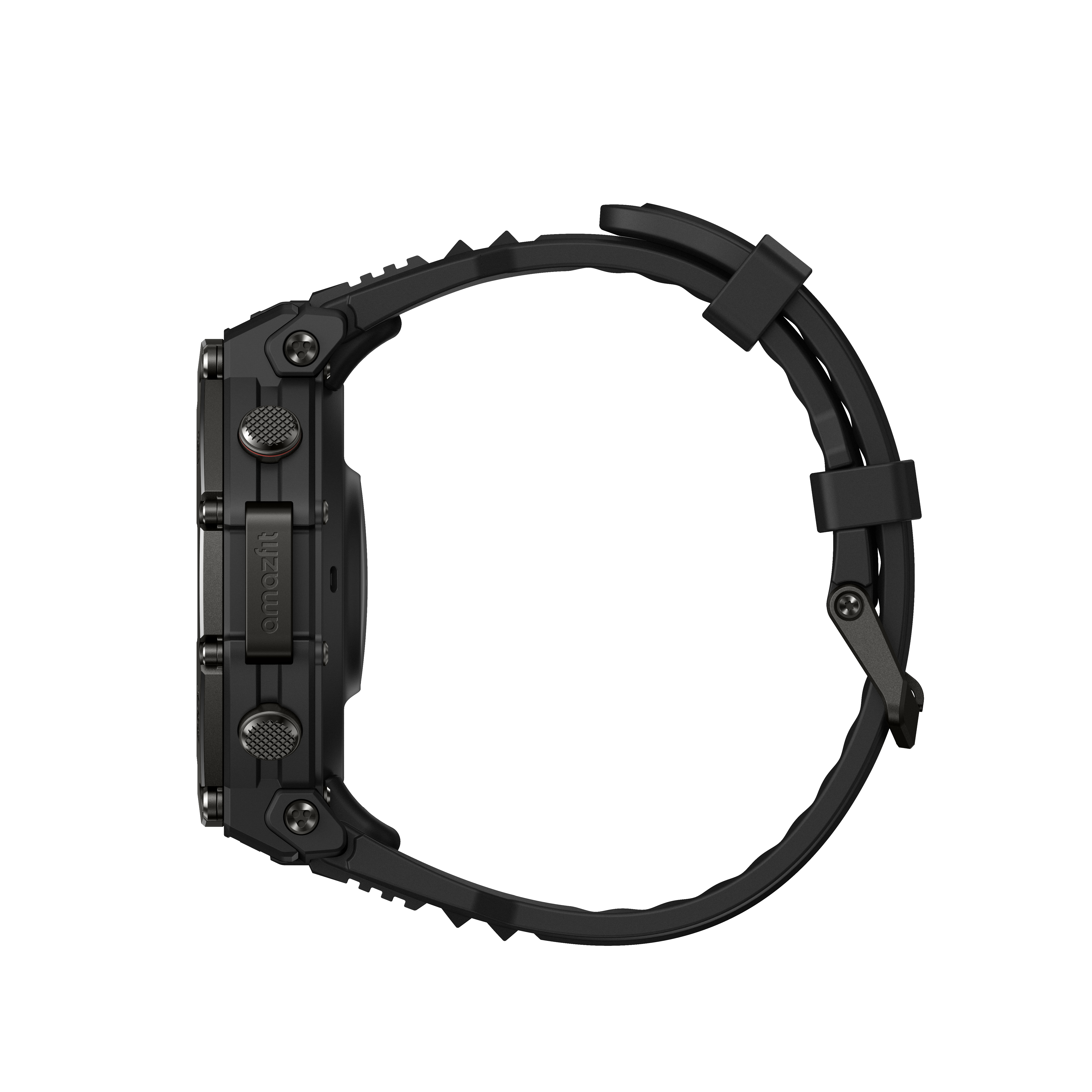 Czarny smartwatch z paskiem, widok z boku, na czarnym tle.