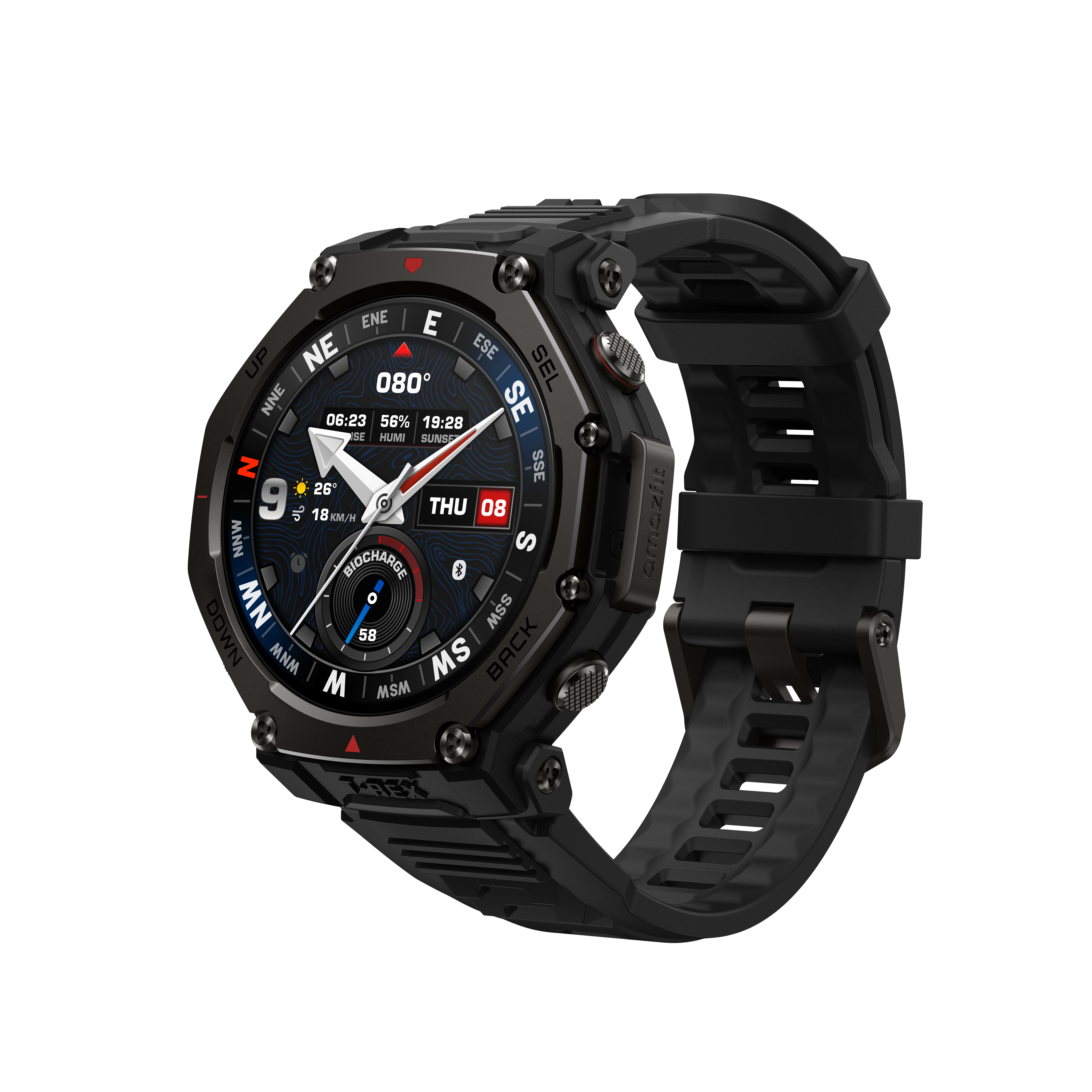 Czarny smartwatch z czarnym paskiem, prezentowany na białej powierzchni.